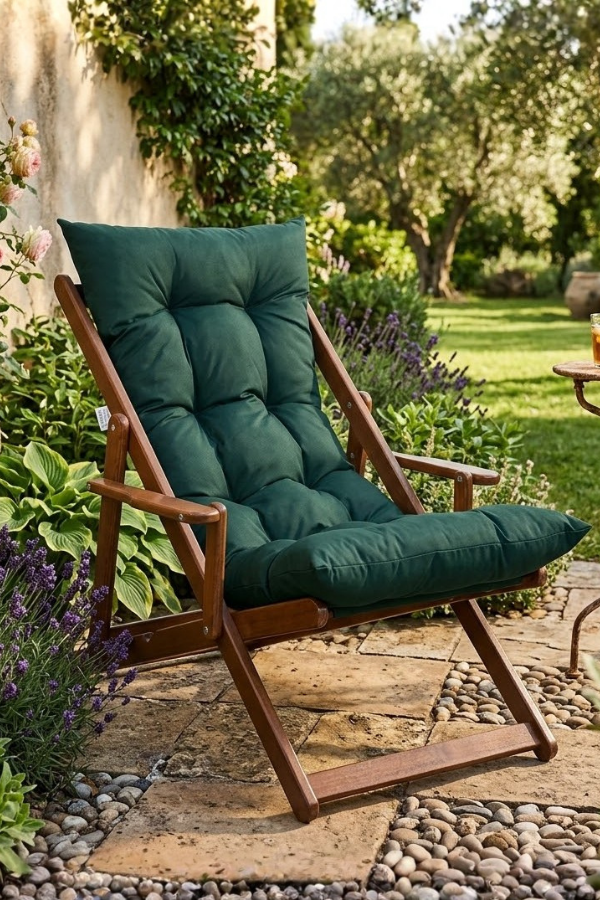Bysay Puf Minderli Ahşap Kademeli Şezlong Bahçe&Balkon&Teras&Plaj Katlanır Şezlong Ceviz Yeşil