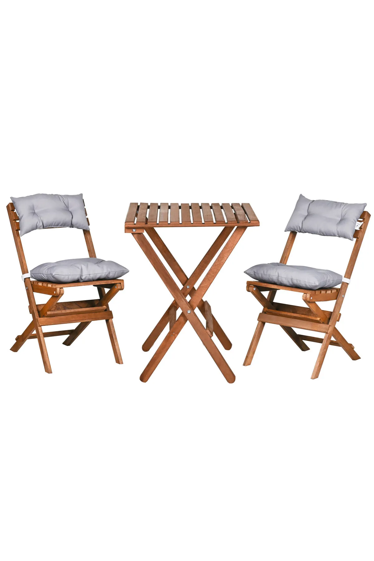 BySay Ahşap Katlanır Minderli 3'lü Bistro Set Mutfak Balkon Bahçe Masa Sandalye Seti Ceviz Gri