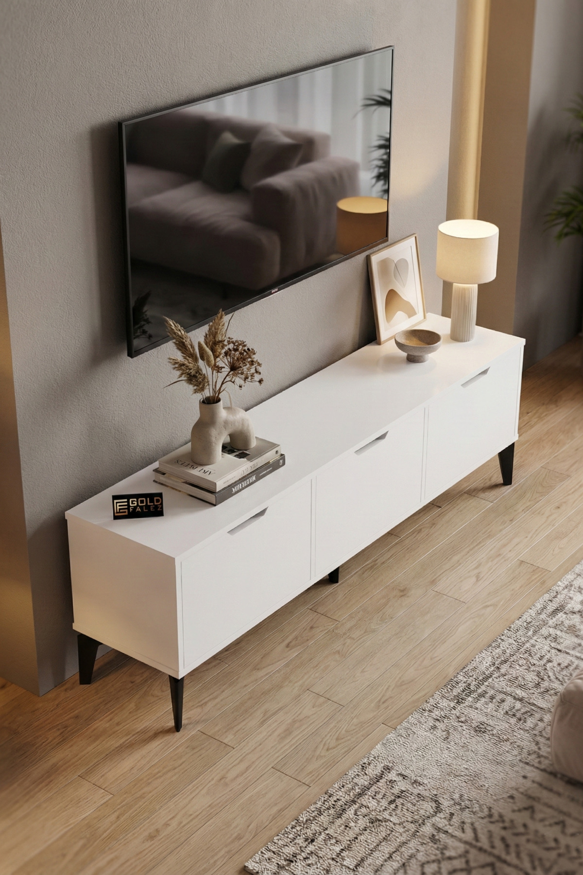Reyo Falez Royal TV Sehpası 160 cm TV Ünitesi Kapaklı Modern Şık Minimal Salon Konsolu 5091 Beyaz