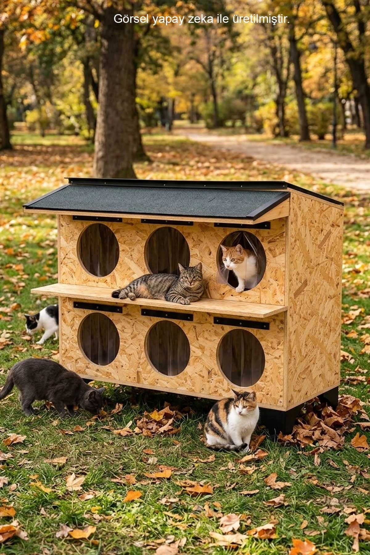 Narım Dış Mekan Kedi Evi 6 Kedilik 2 Katlı Ahşap Kedi Barınağı, Su ve Isı Yalıtımlı Monteli Teslimat
