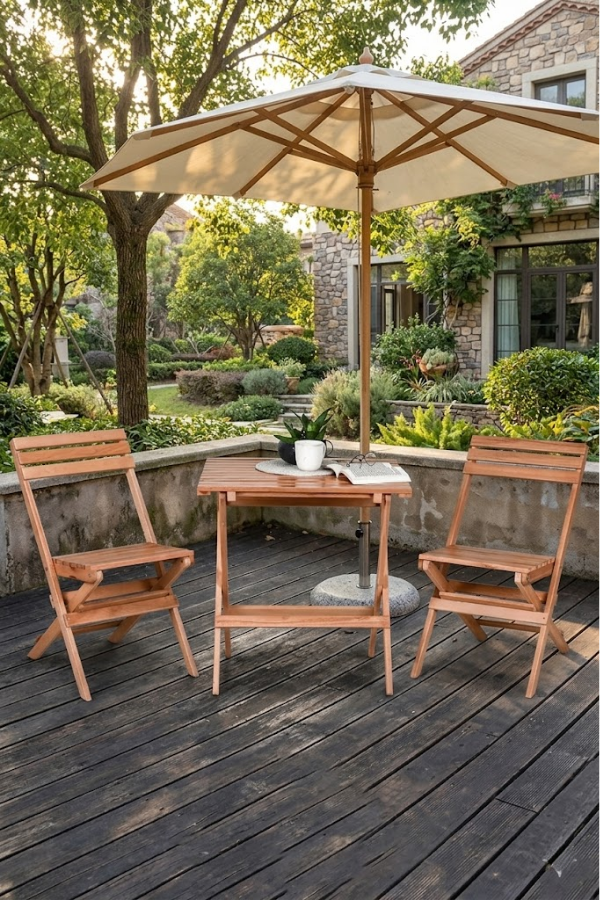 Reyo Ahşap Katlanır 3'lü Bistro Set Bahçe Takımı Naturel
