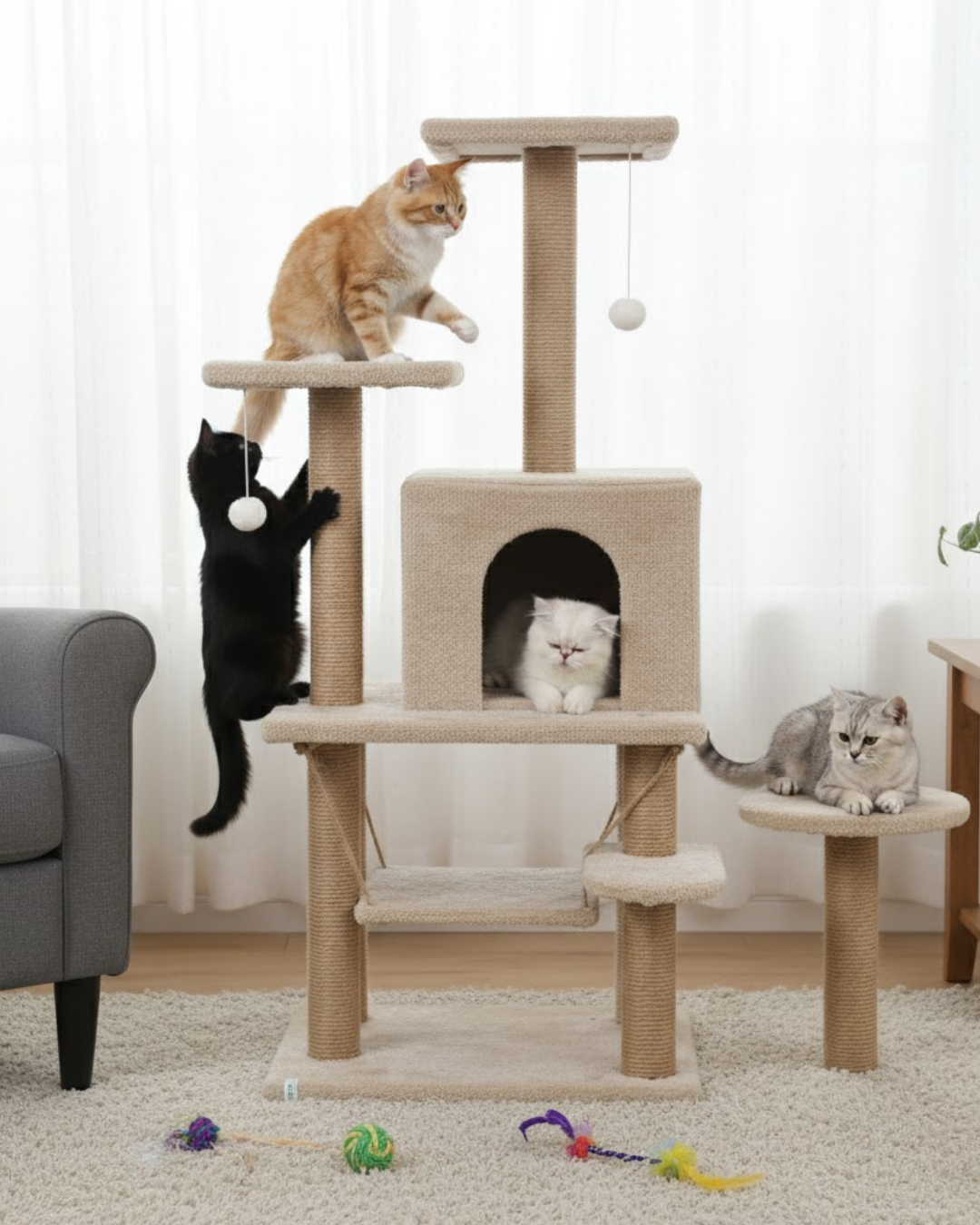 Reyo Pet Y01 Salıncaklı Yuvalı Lüx Kedi Tırmalama Oyun Evi Bej