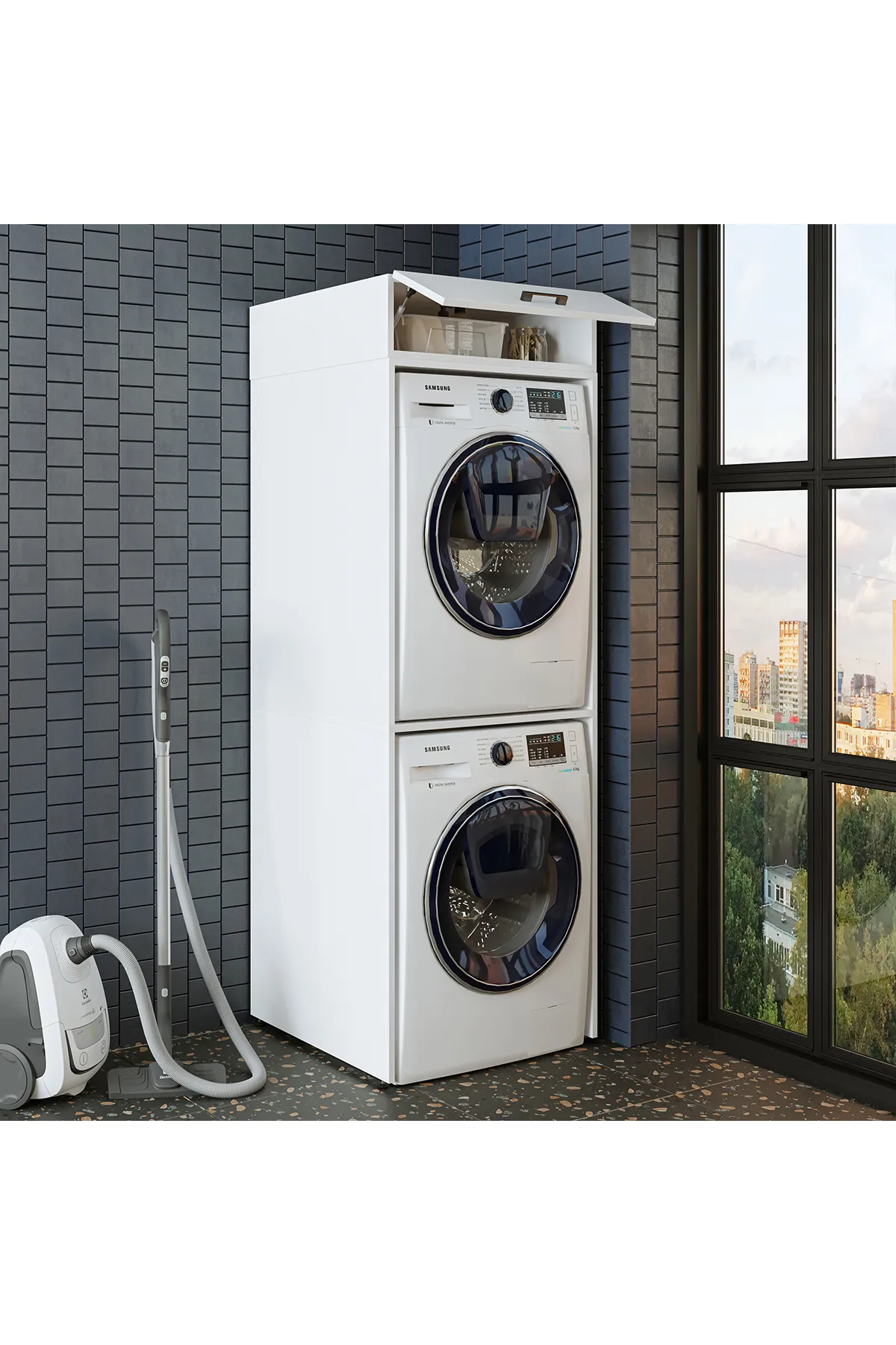 RoomArt Banyo Dolabı 196,2 x 67 cm Çamaşır Ve Kurutma Makinesi Dolabı Mat Beyaz