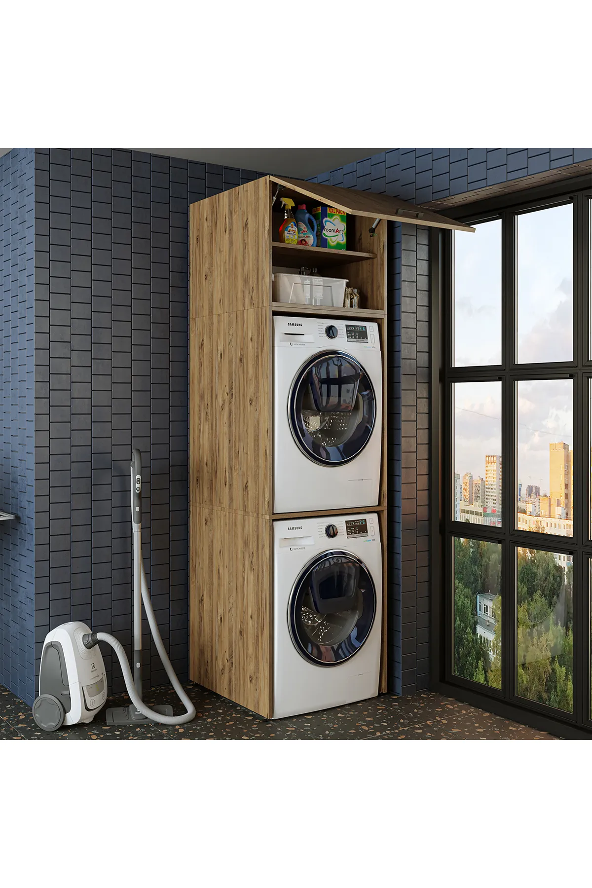 RoomArt Banyo Dolabı 231,2 x 67 cm Çamaşır Ve Kurutma Makinesi Dolabı Atlantik Çam