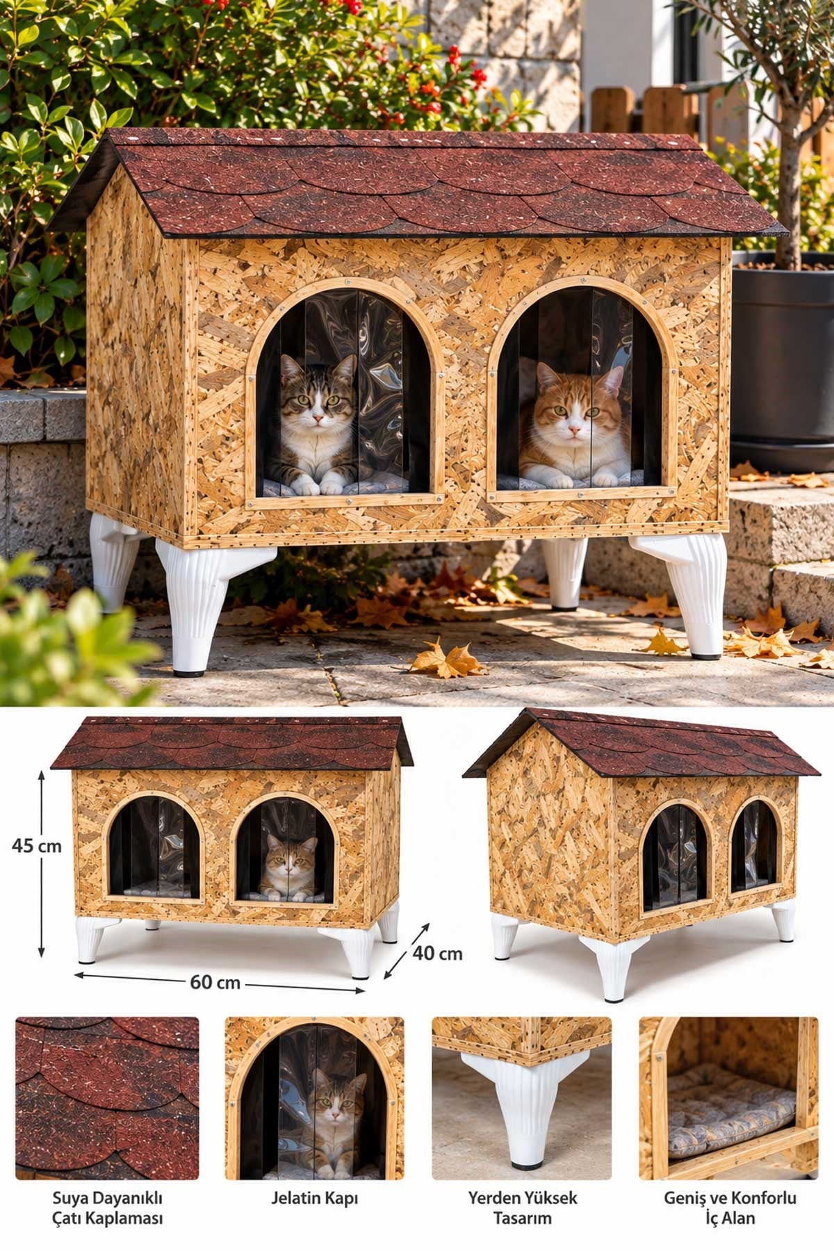 Reyo CATK20 60x40x45 cm 2 Bölmeli Yetişkin Kedi Evi, Kedi Barınağı, Sokak Hayvanları İçin Kedi Barınağı, Kedi Yuvası, Rüzgar ve Soğuğa Dayanıklı, Monteli Teslimat
