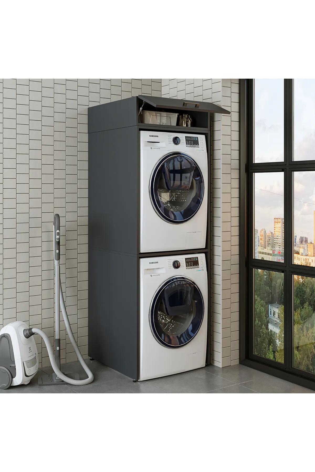 RoomArt Banyo Dolabı 196,2 x 67 cm Çamaşır Ve Kurutma Makinesi Dolabı Antrasit