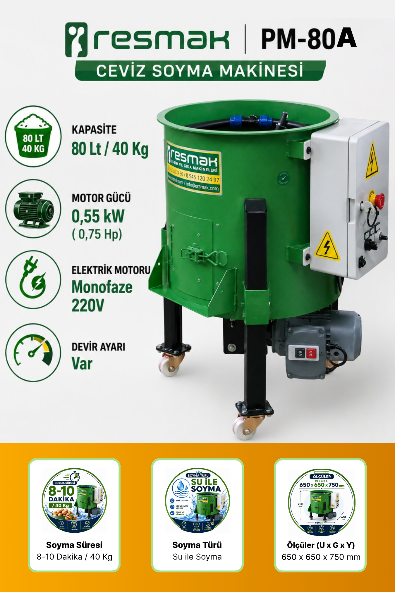 Resmak PM80A 80 Litre 40 Kg Devir Ayarlı Otomatik Çift Yönlü Dönüşlü Ceviz Soyma Makinesi