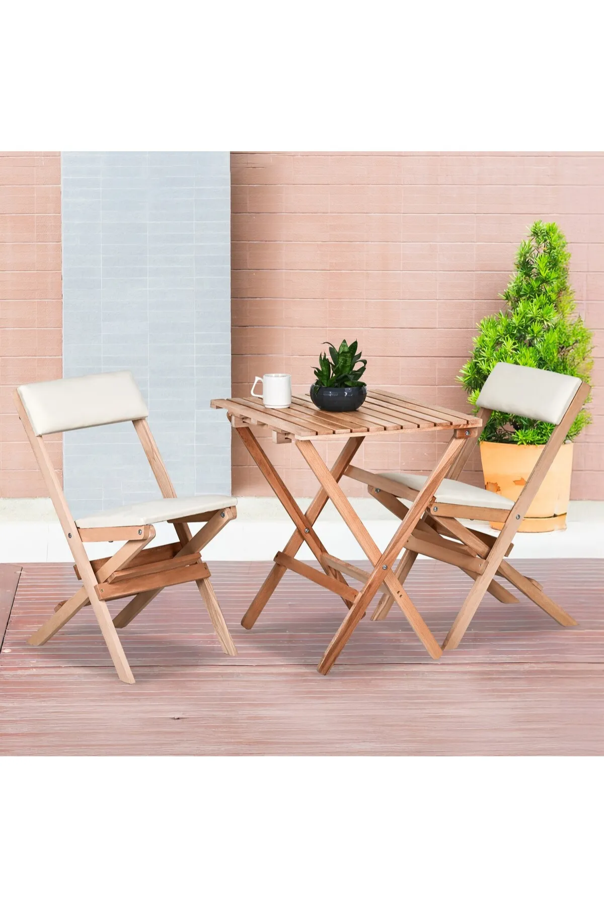 BySay Ahşap Katlanır Döşeme Minderli 3'lü Bistro Set Bahçe Takımı Naturel Krem