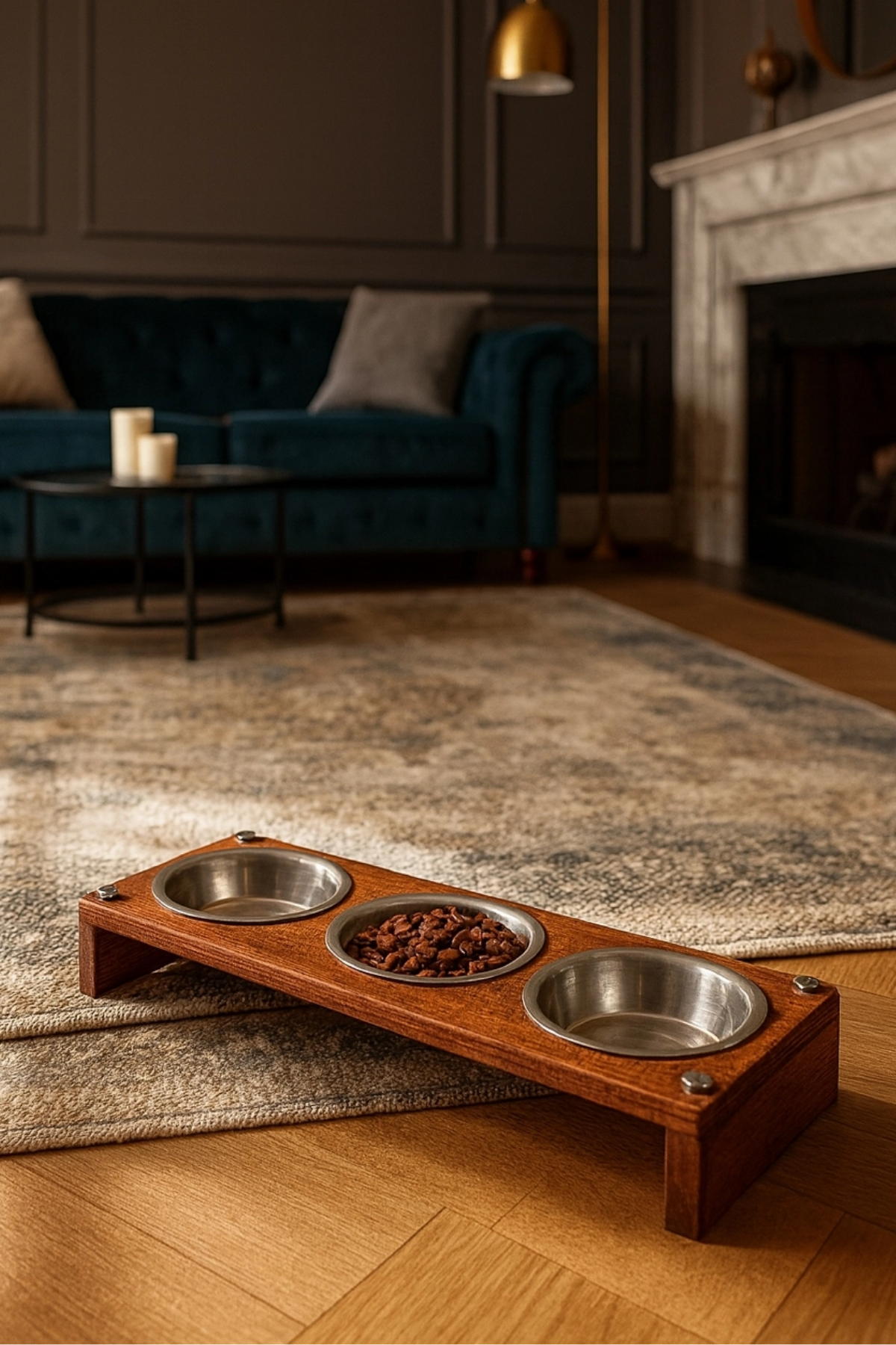 Reyo OK-AY Store Kedi ve Köpekler İçin 3'lü Paslanmaz Çelik Kase ile Ahşap Mama Standı Su Kabı