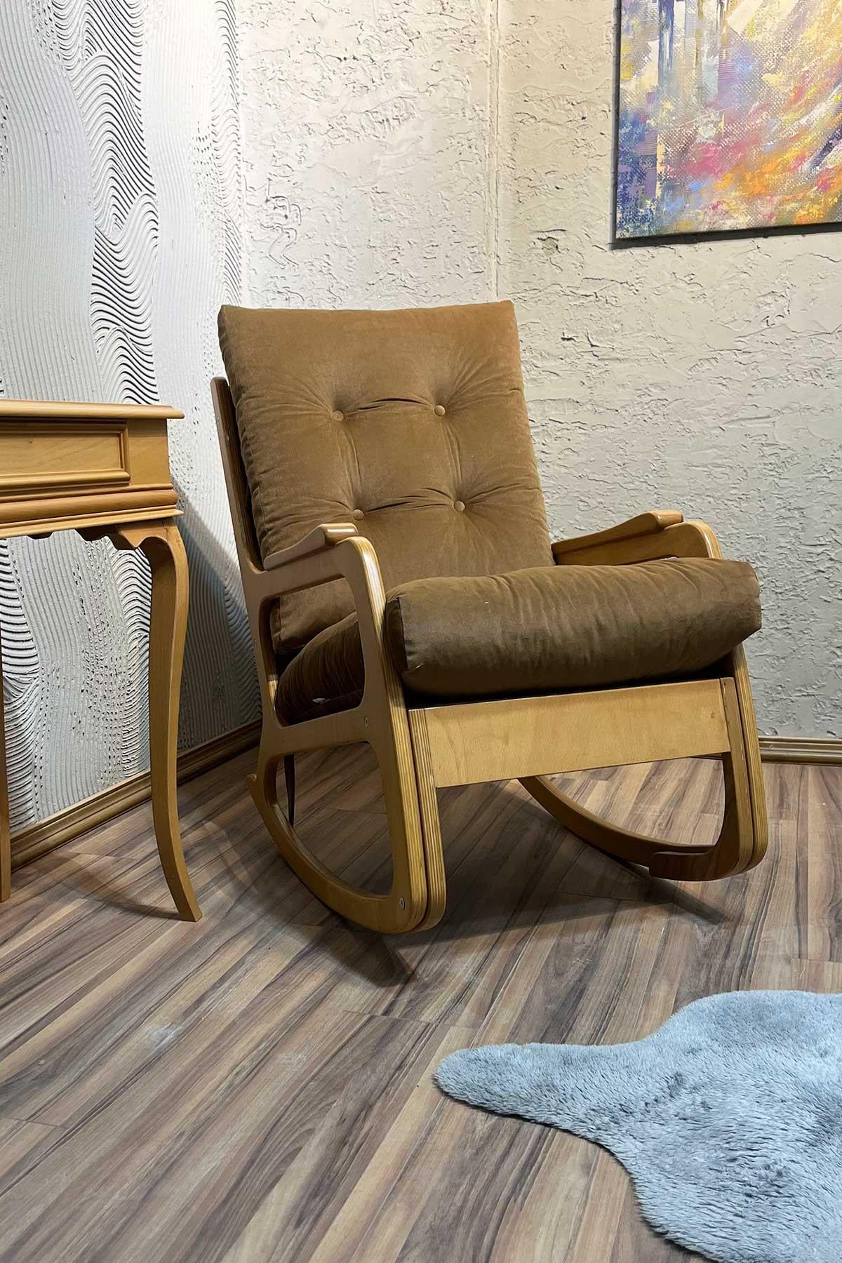 Asedia Kontes Naturel Açık Kahve Krem Dolgu Minderli Sallanan Sandalye Dinlenme Koltuğu Baba Koltuğu