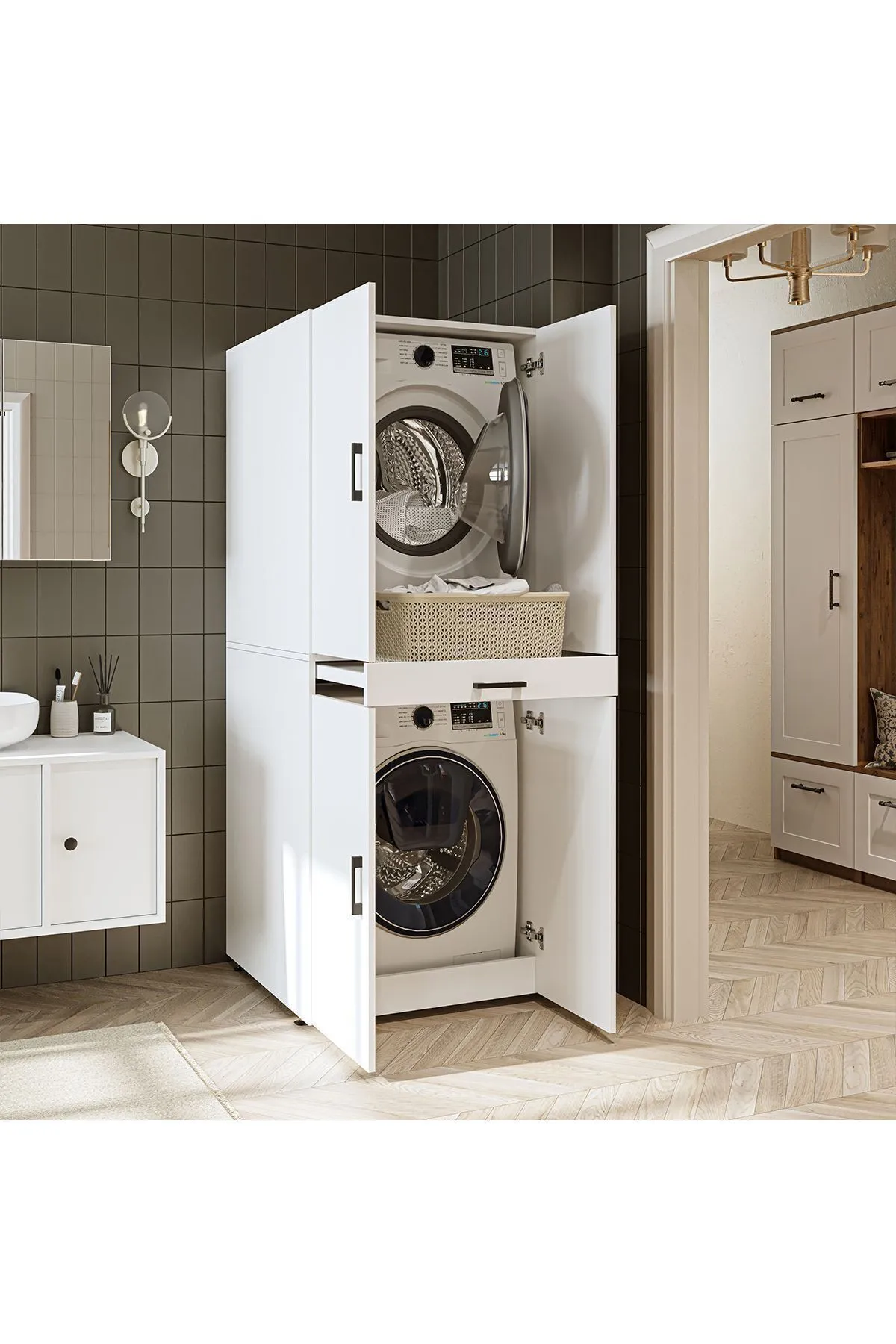 RoomArt Banyo Dolabı Kapaklı Çamaşır Ve Kurutma Makinesi Dolabı 70x185 cm Mat Beyaz
