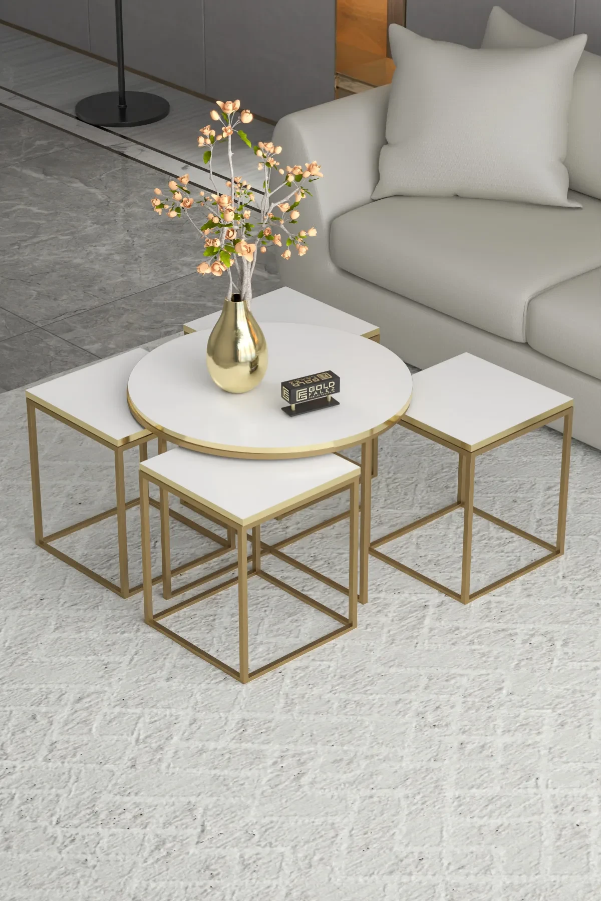 Reyo Falez Oval Lux 5'li Orta ve Zigon Sehpa Seti Altın Beyaz