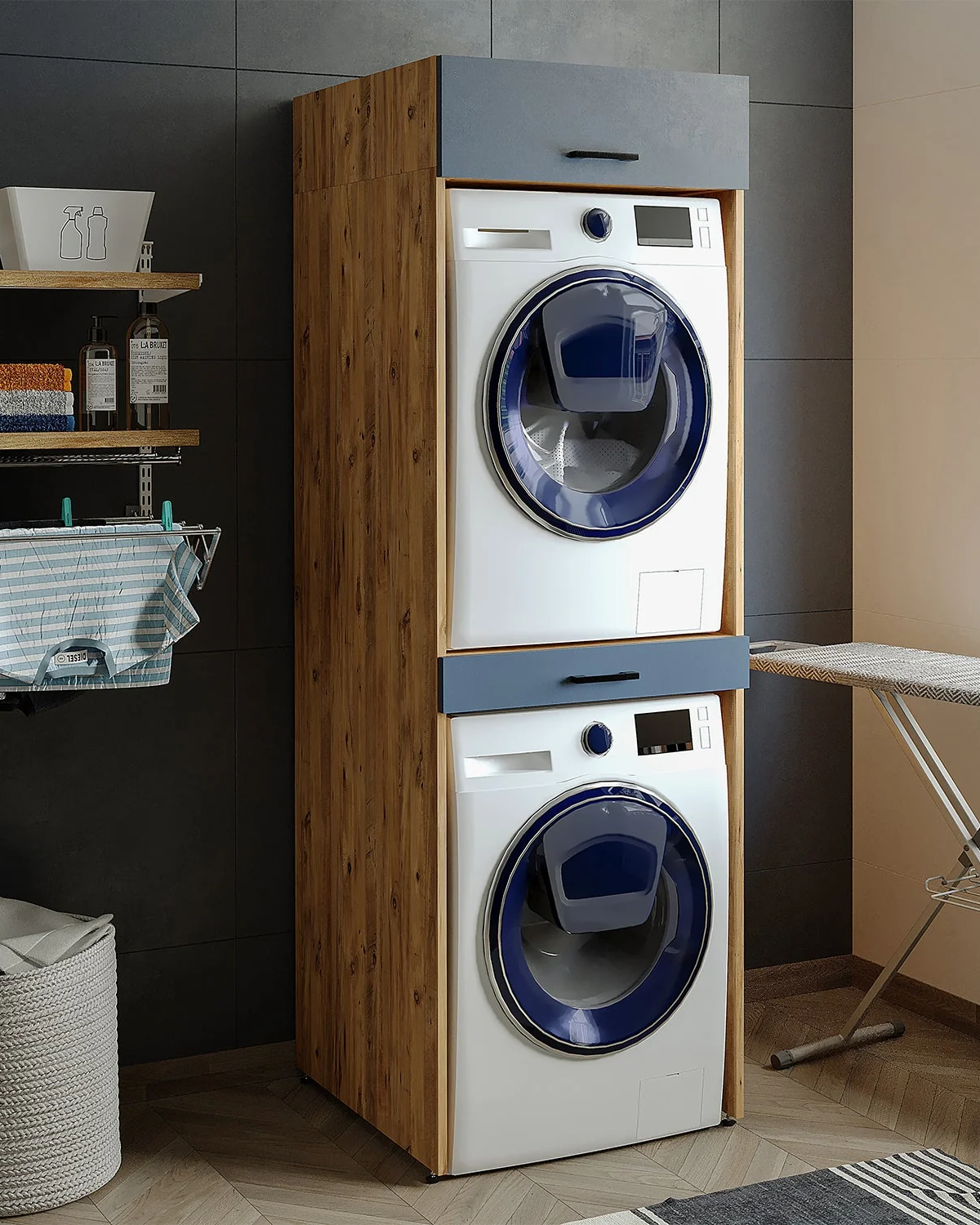 Roomart Çamaşır ve Kurutma Makinesi Dolabı + Üst Dolabı 67x205 Cm Atlantik Çam - Antrasit