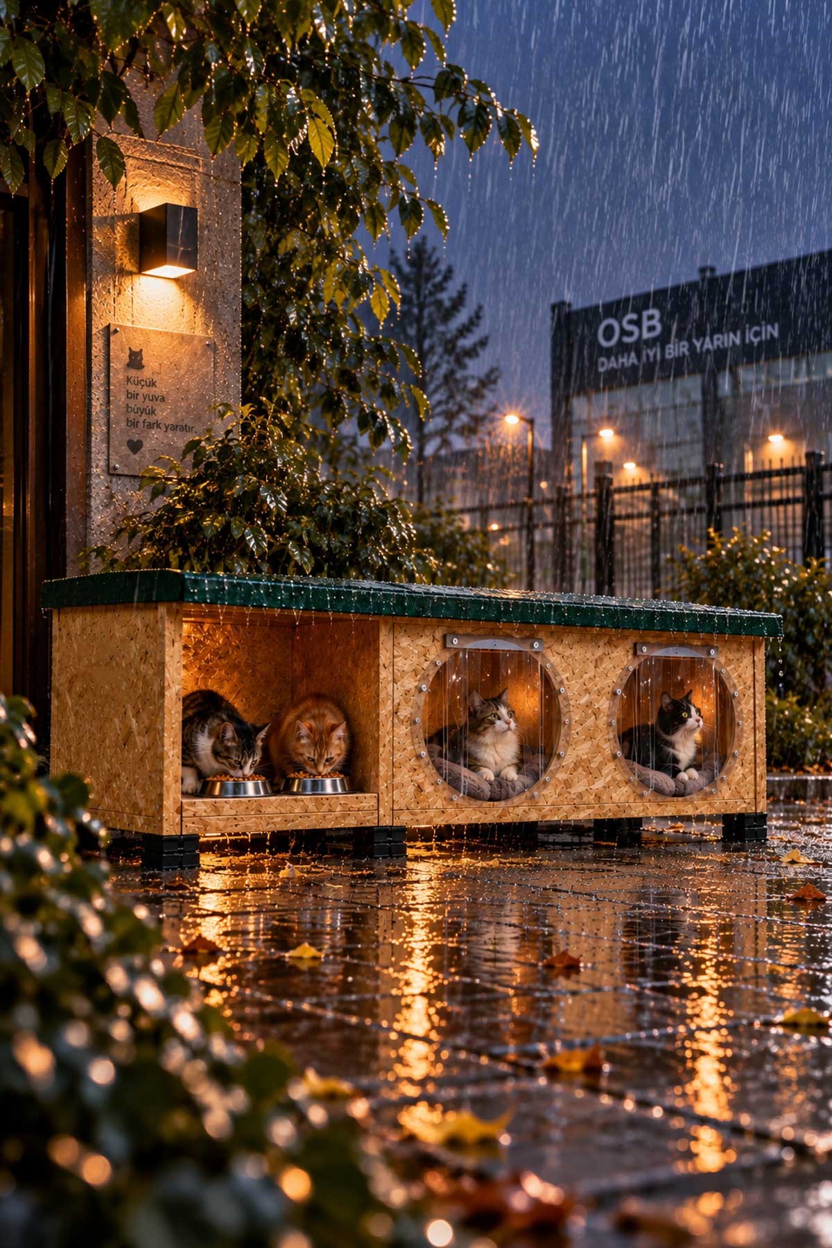 Narım Sokak Kedileri İçin Kedi Evi, Kedi Mama ve Su Kabı Standı 2'li Doğal Ahşap Yağmur Geçirmez Membran Kaplı Kedi Barınağı