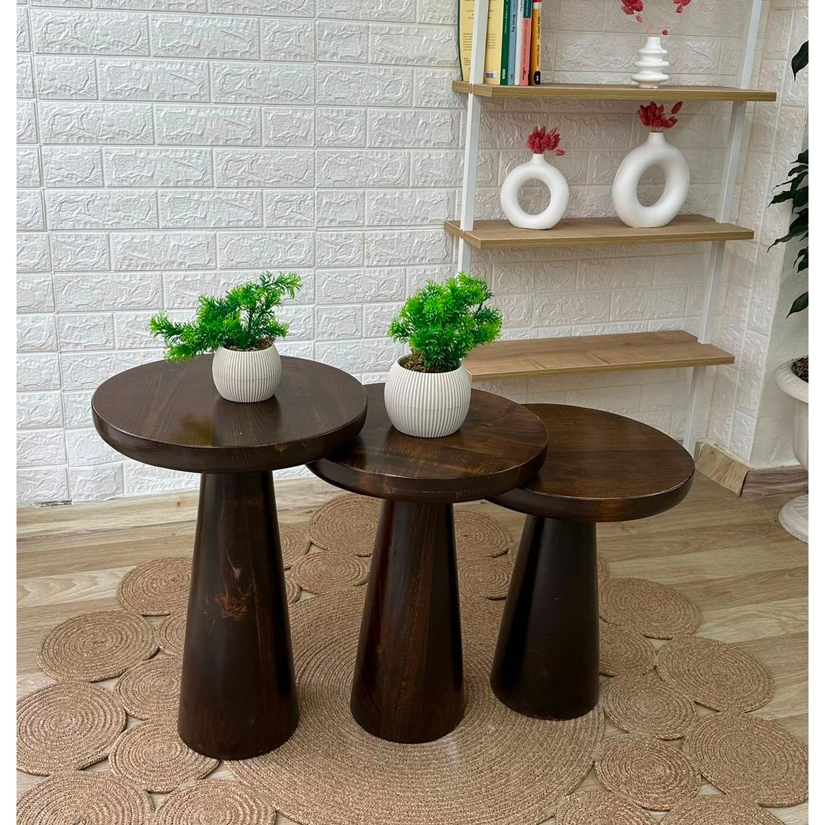 Asedia 3'lü Mushroom Zigon Sehpa Koyu Ceviz Ahşap Mantar Sehpa