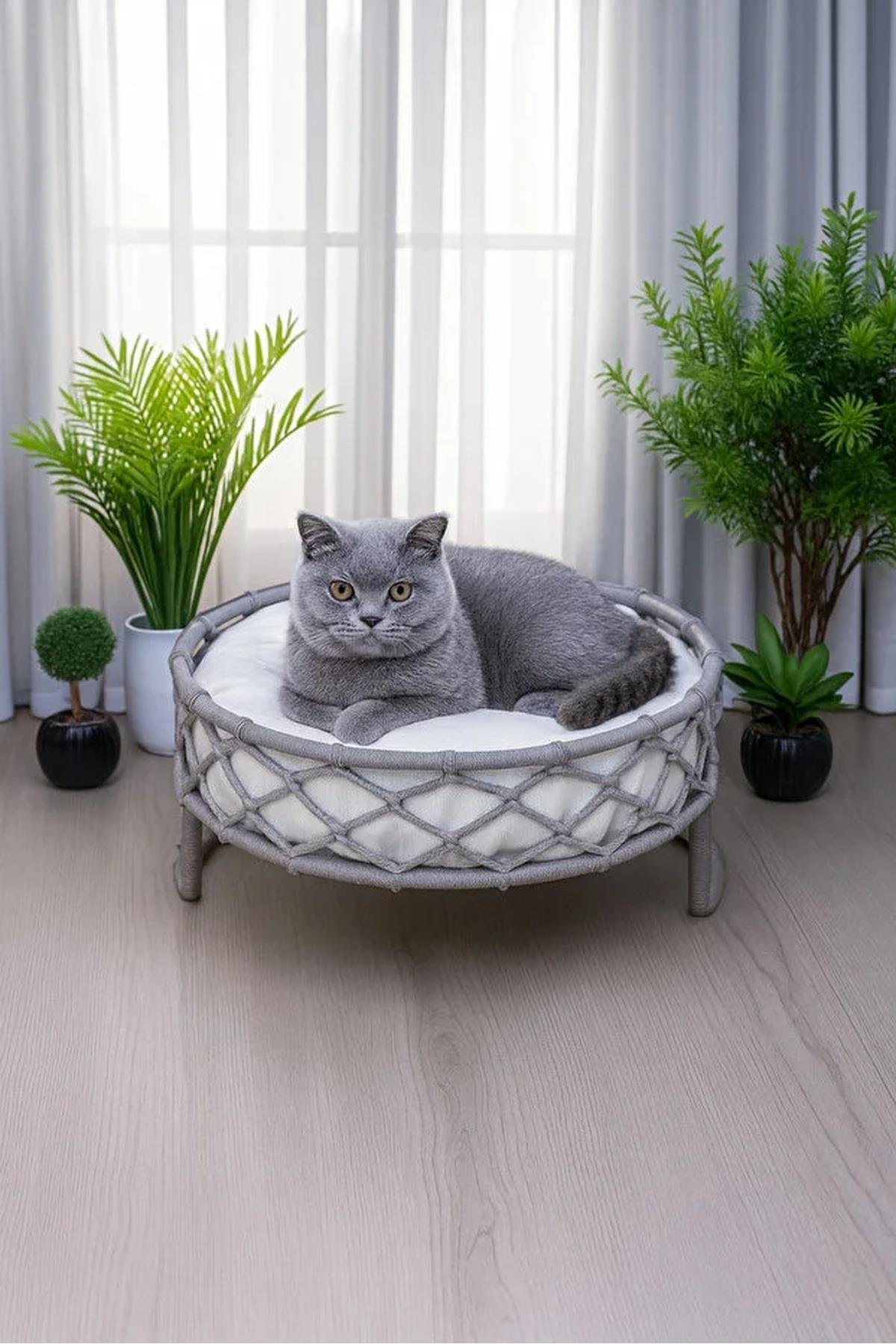 Tasaryum Kedi ve Köpek El Örgüsü Yatağı, Yuvası Gri