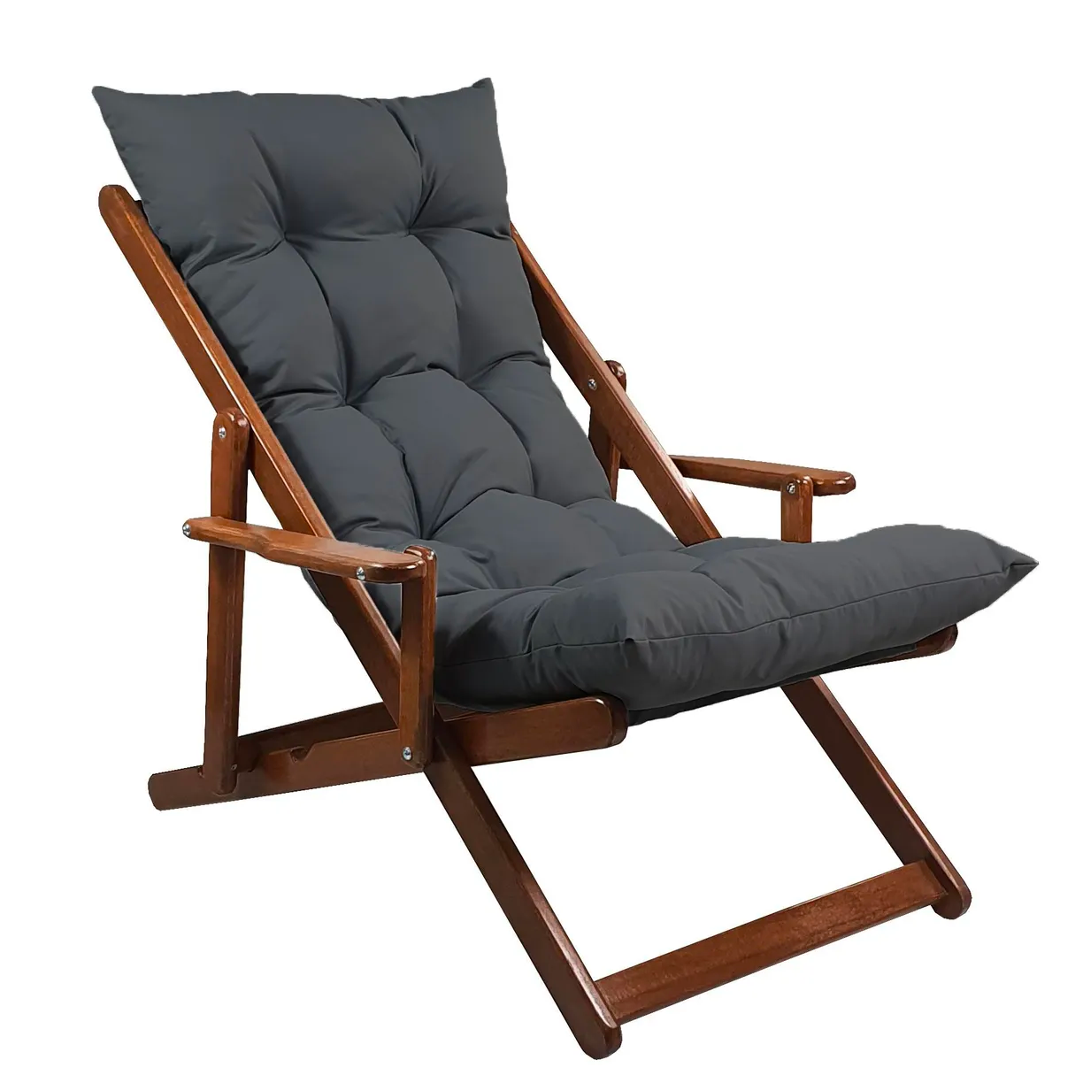 Bysay Ahşap Katlanabilir Taşınır Puf Minderli Kollu Şezlong. Plaj, Bahçe, Balkon Için (Ceviz-Antrasit)