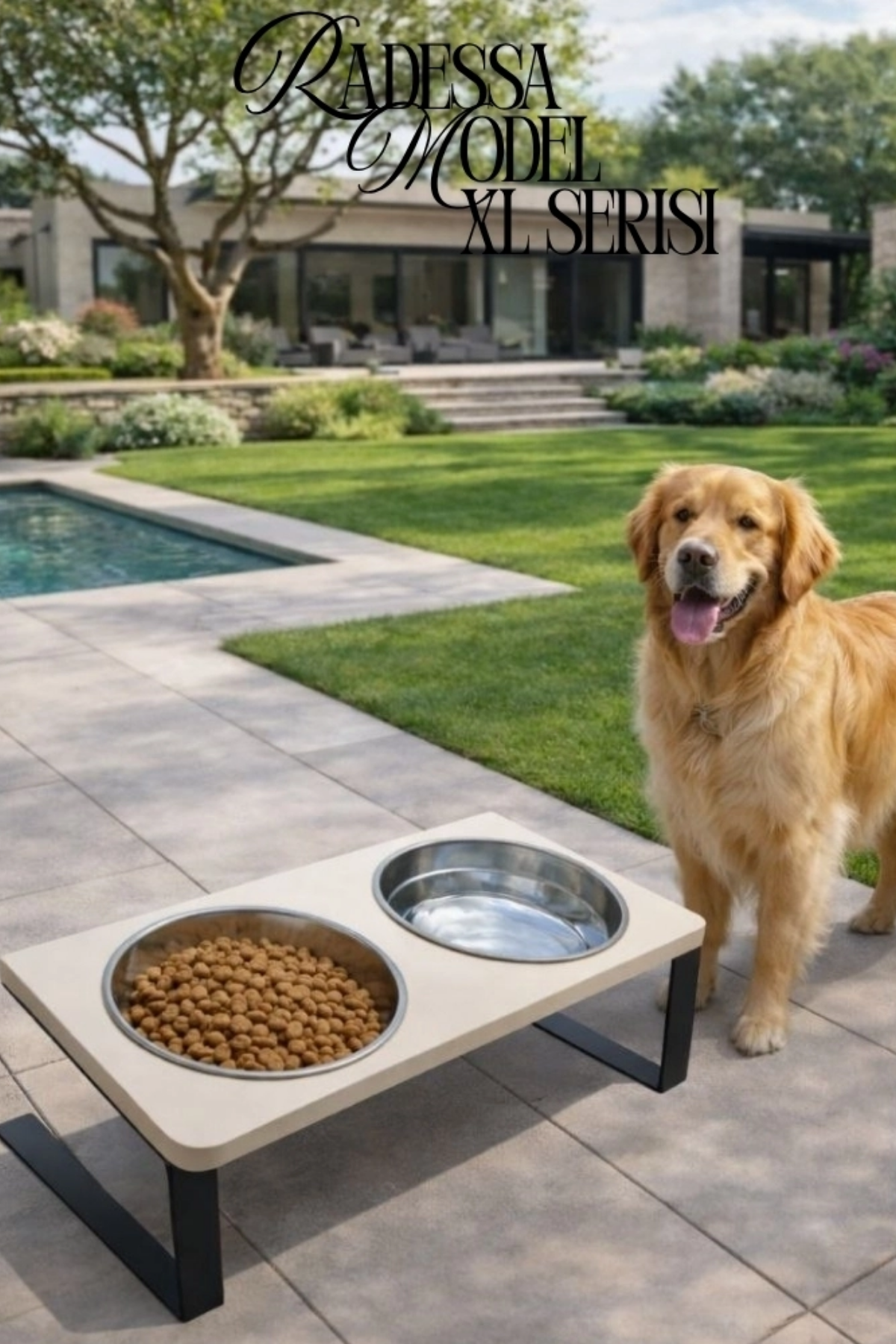 Reyo OK-AY Store Radessa XL Yüksek Standlı Çift Hazneli Mama ve Su Kabı, Büyük ve Orta Boy Köpek ve Kedi Su Kabı Paslanmaz Çelik Krem