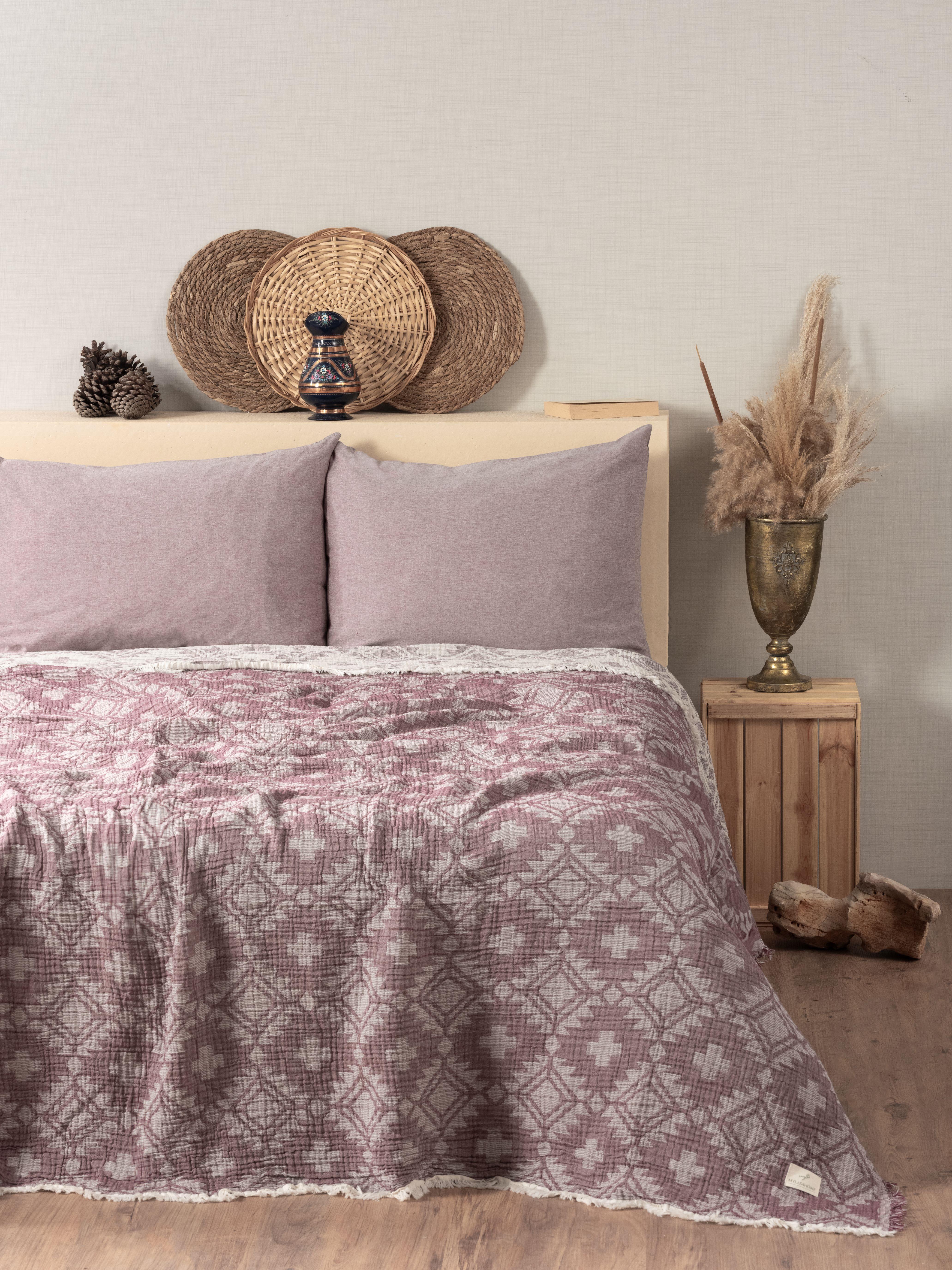 Mylasa Home Müslin 4 Katlı Aztec Desenli (Jakarlı) Çift Kişilik Yatak Örtüsü-Yazlık Pike 220x240cm - Mor