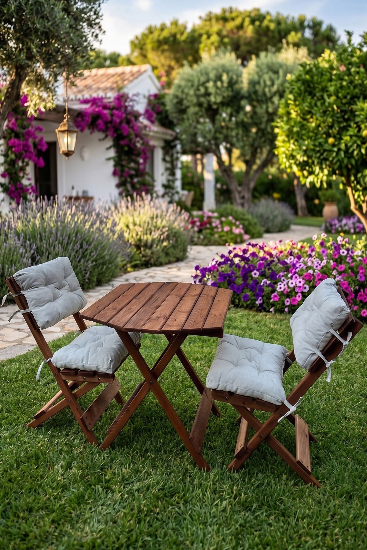 Reyo Premium Ahşap Minderli Balkon Bahçe Mutfak 3lü Sekizgen Set Katlanır Masa Sandalye 70x70 cm Ceviz-Beyaz