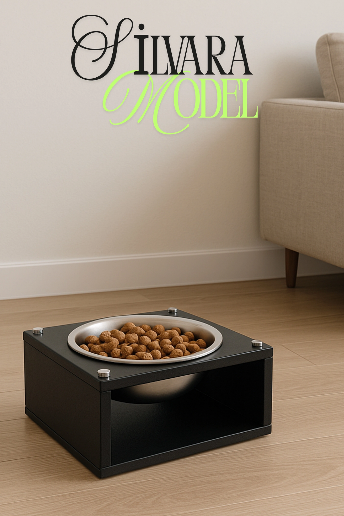 Reyo OK-AY Store Silvara Modern Ahşap Kedi ve Köpek Mama Standı Paslanmaz Çelik Kaseli Mama ve Su Kabı Siyah