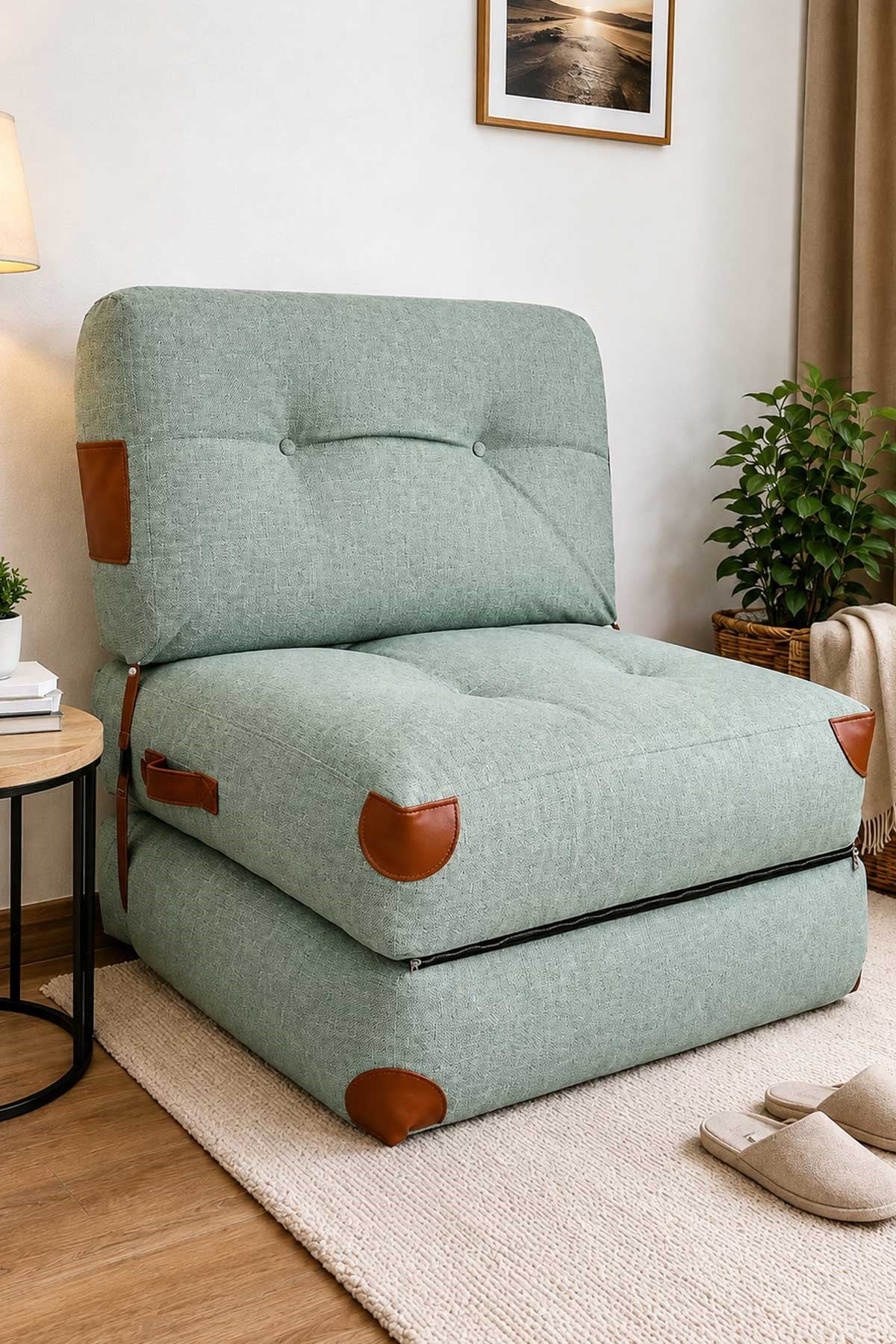 Pufymax Comfy Yeni Nesil Bohem Tekli Koltuk Yatak Olabilen Katlanır Berjer & Modüler Yer Yatağı 75x75x 85 cm Keten Yeşil