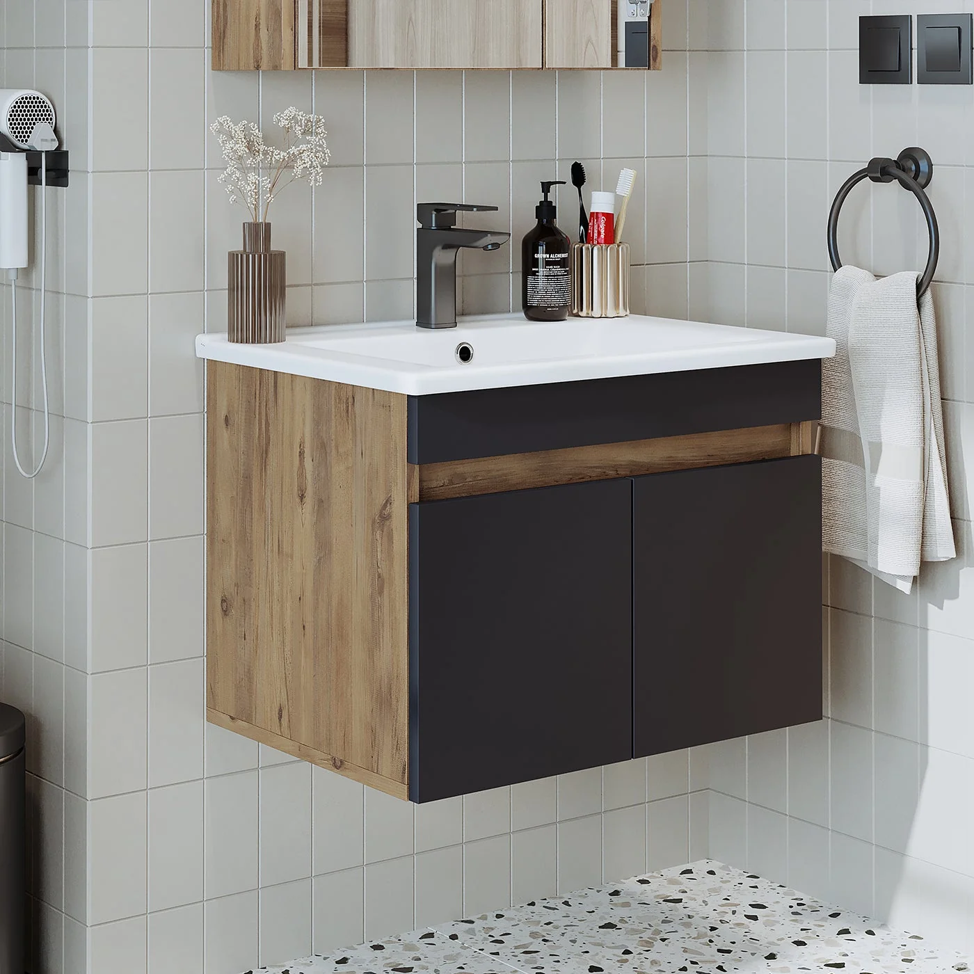 RoomArt Lavabolu Atlantik- Antrasit Mat Mdf 65 Cm Banyo Dolabı