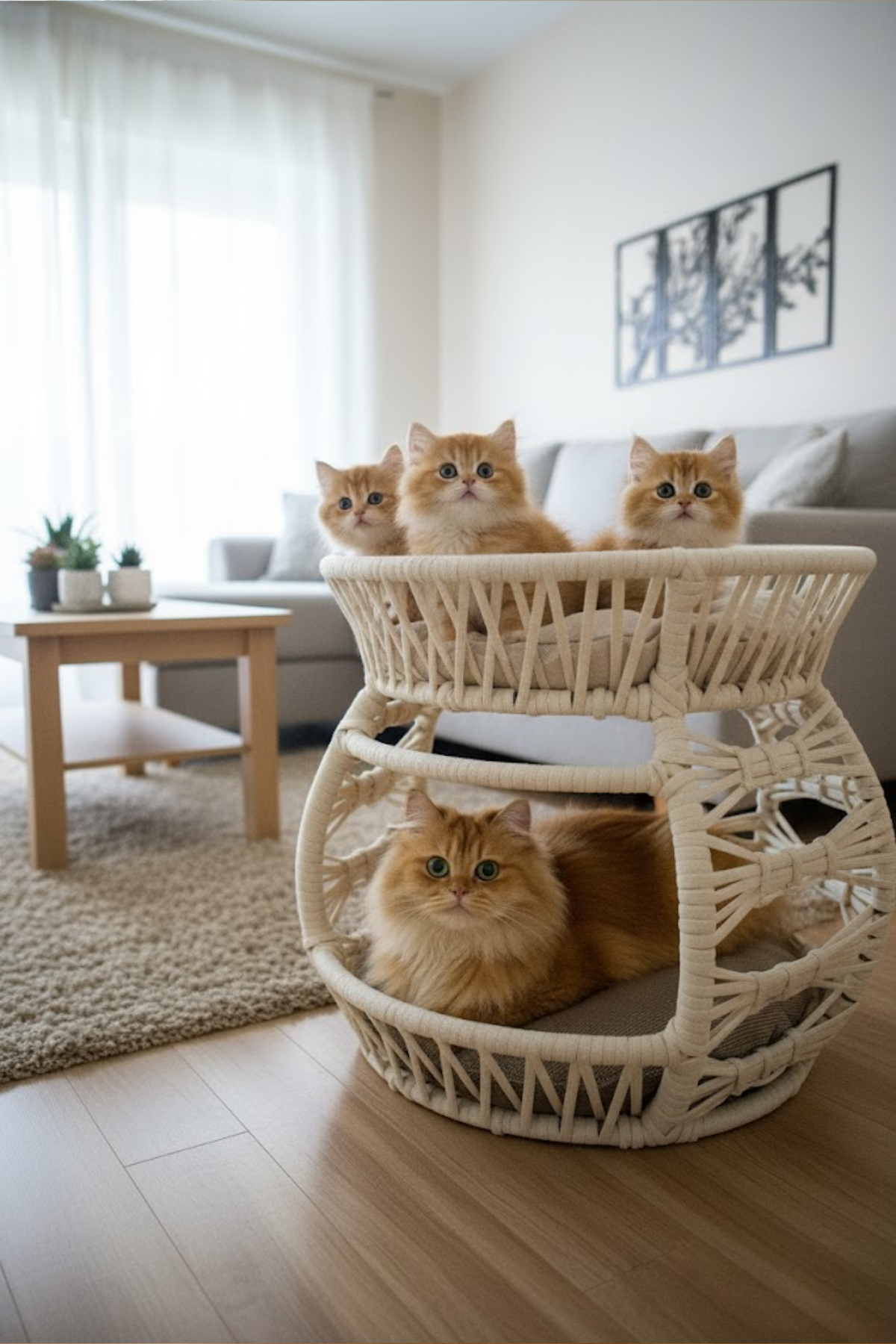 Reyo Pet Lüxperi Bombeli Kedi Ranzası, Kedi Yatağı Puf Minderli 2 Katlı Kedi Yatağı