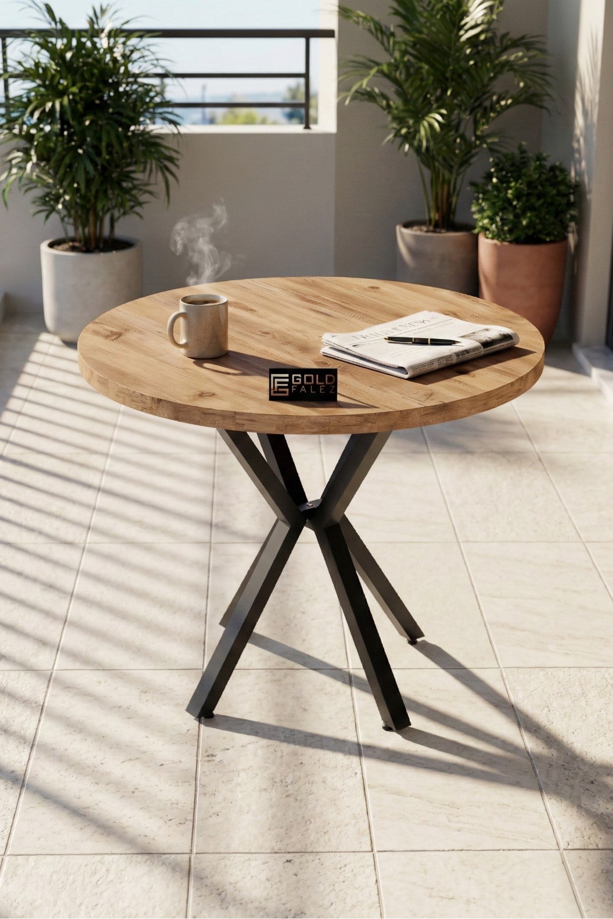 Reyo Falez Mutfak Masası 90 cm Yuvarlak Masa Modern Metal Ayaklı Cafe Balkon Ofis Yemek Masası 9826 Atlantik Çam