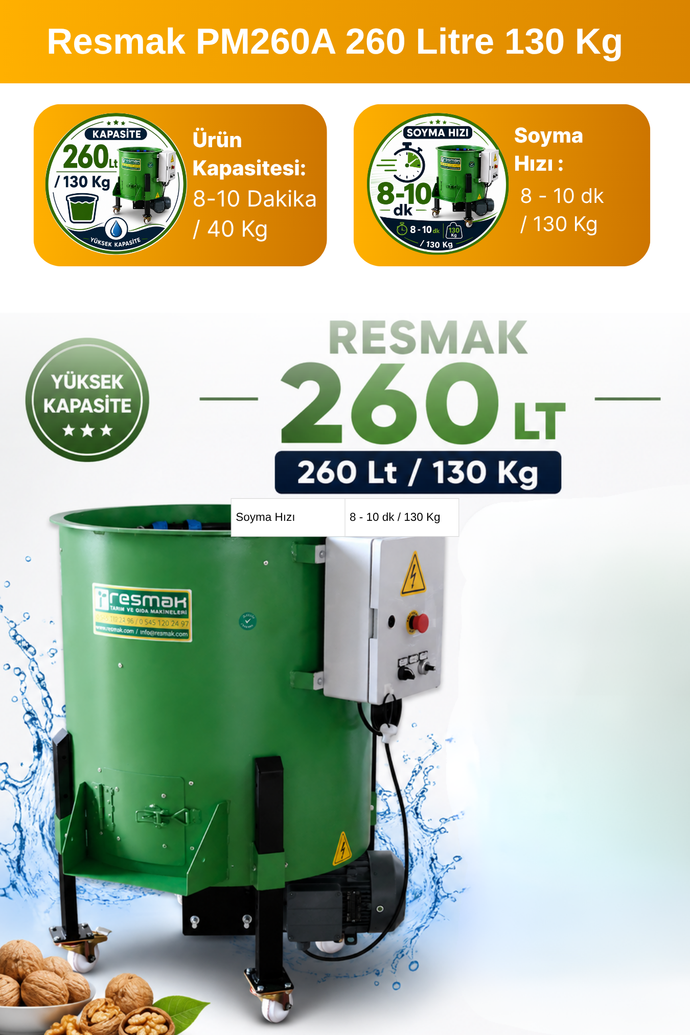 Resmak PM260A 260 Litre 130 Kg Devir Ayarlı Ceviz Soyma Makinesi