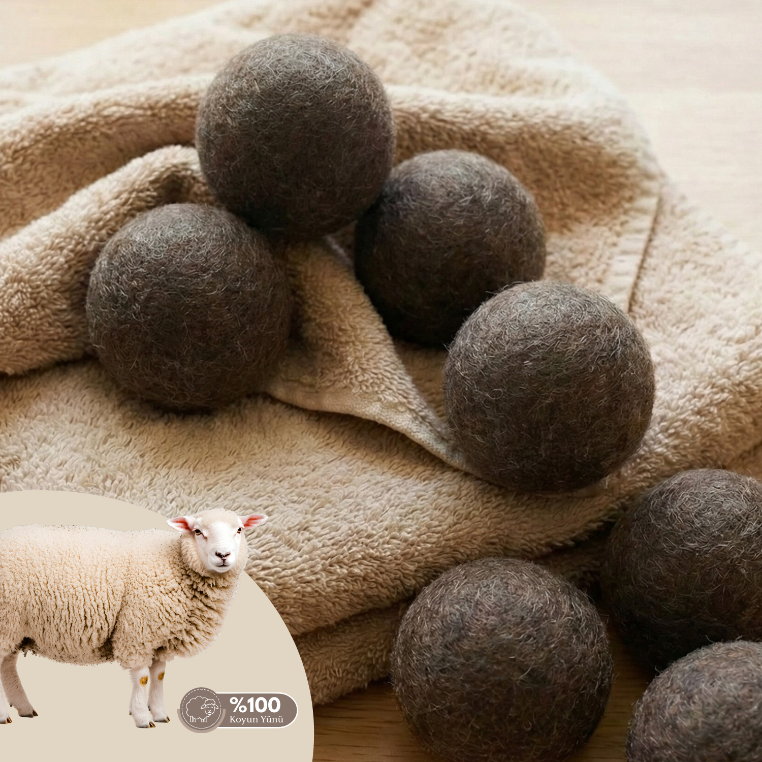 Reyo %100 Saf Yün Kurutma Makinesi Topu 6'lı Set - L Boy Kahverengi - Kimyasalsız Doğal Yumuşatıcı ve Antistatik Etki