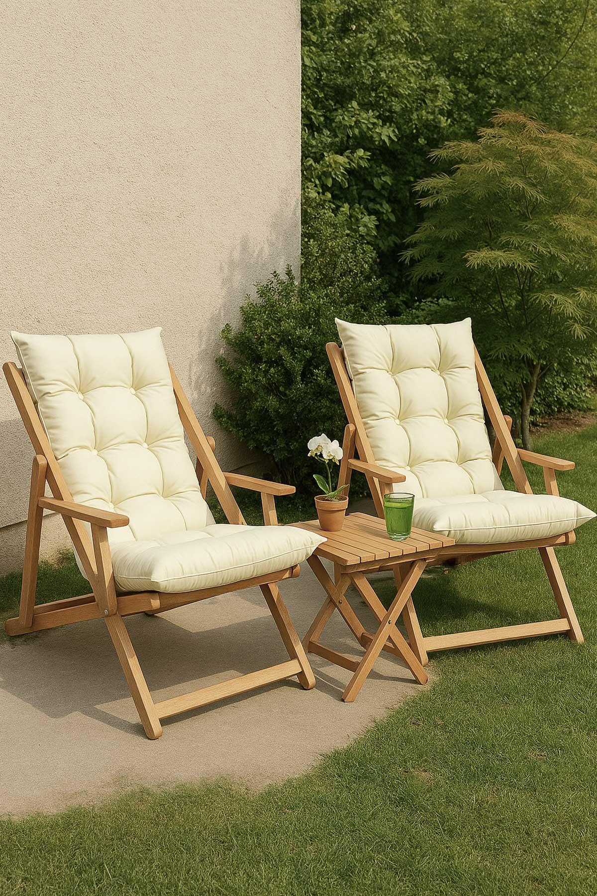 Bysay Ahşap Katlanabilir Taşınır Puf Minderli Kollu Kademeli Şezlong Plaj, Bahçe Şezlong 3lü Set Krem