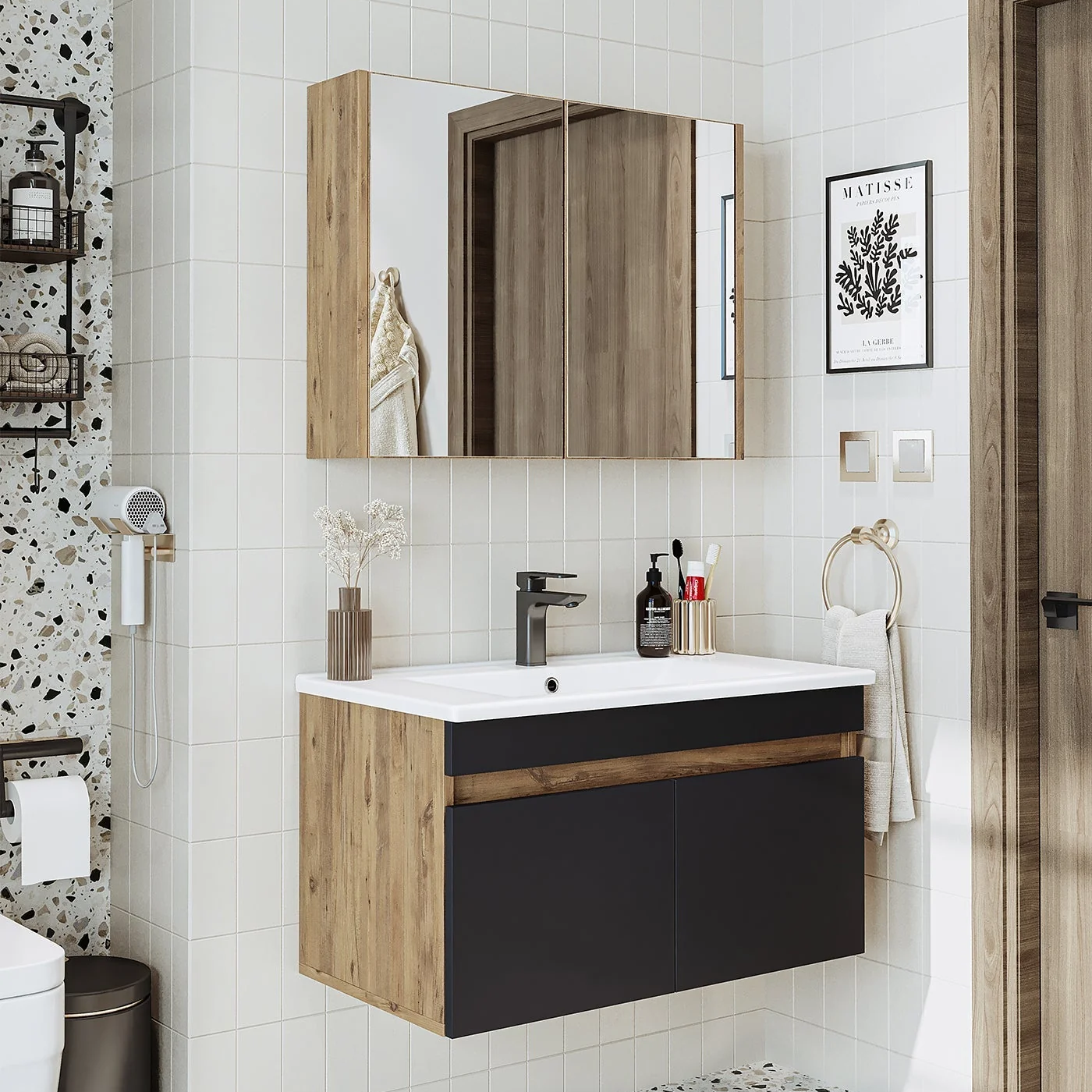 Roomart Lavabolu Atlantik - Antrasit Mat Mdf 85 cm Dolap + Aynalı Üst Dolabı