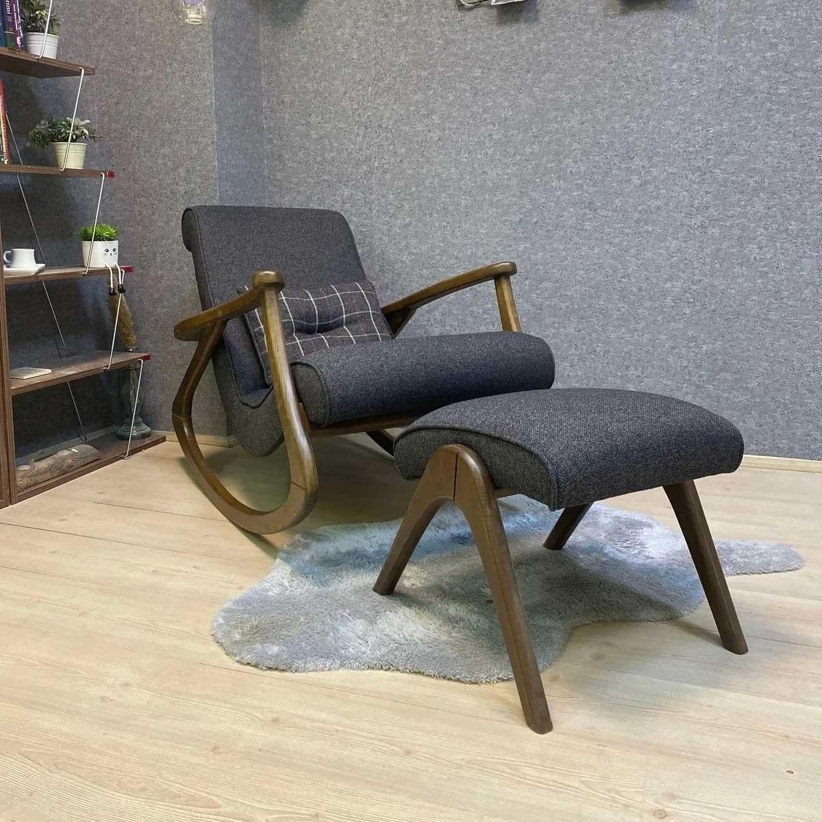 Asedia Ekol Ceviz Antrasit Gri Ahşap Sallanan Sandalye Dinlenme Emzirme Baba Tv Okuma Koltuğu Berjer