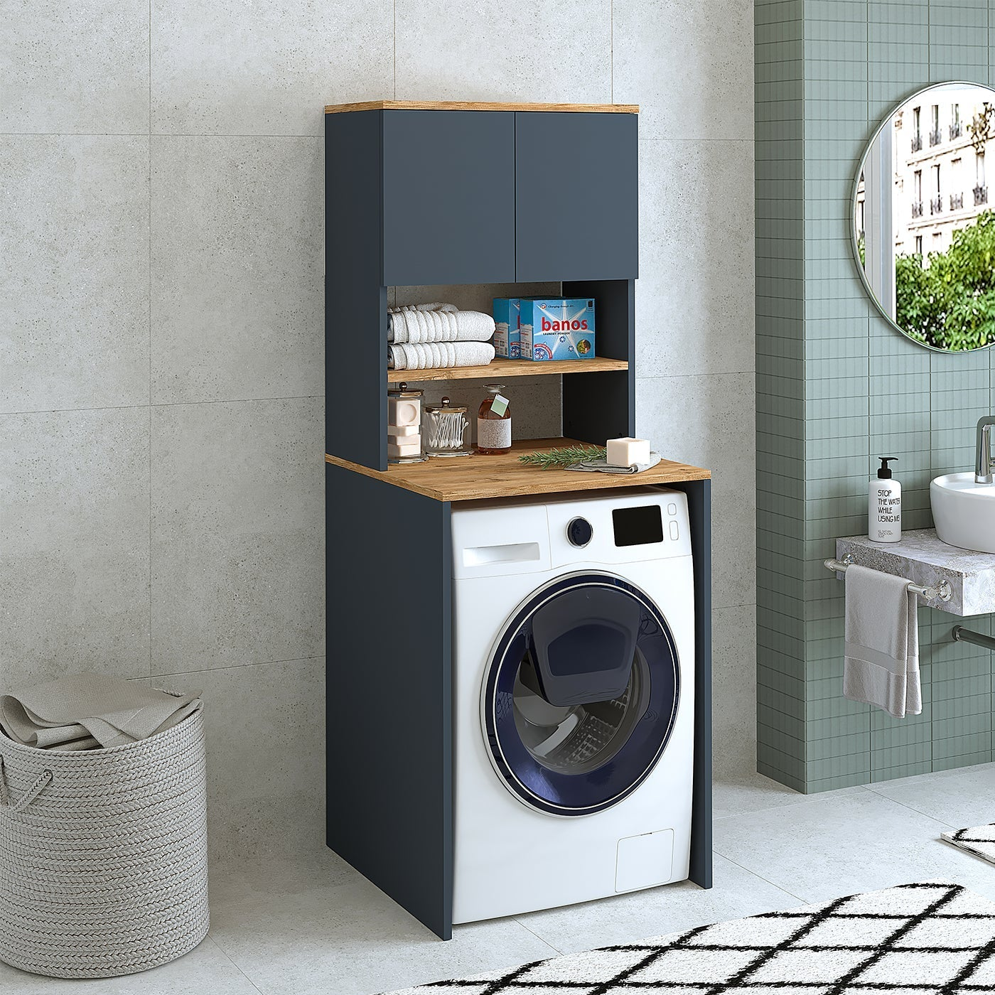 RoomArt Banos Banyo Lavabolu Mat Antrasit-Ahşap Mdf 65 cCm Banyo Dolabı + Aynalı Banyo Üst Dolabı + Banyo Boy Dolabı