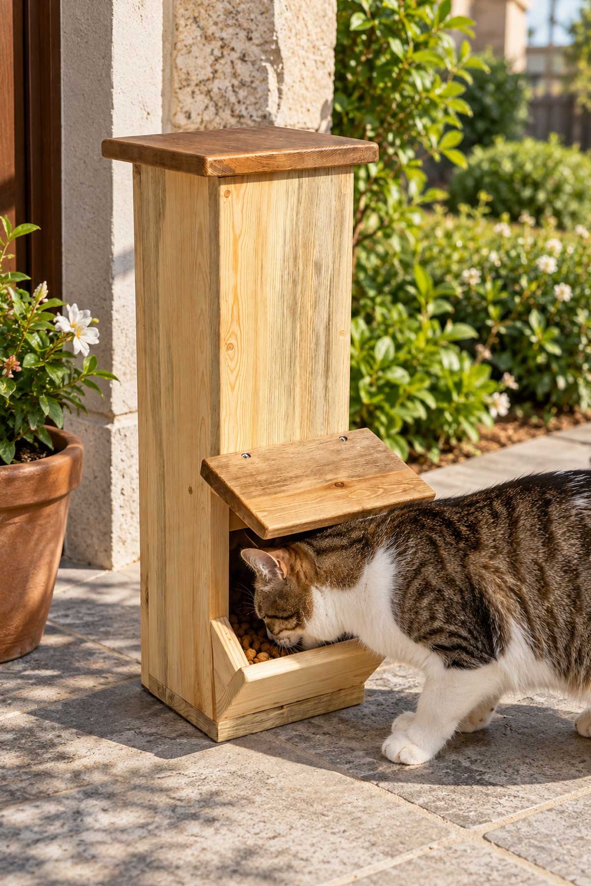 Narım Kedi Mama İstasyonu Ahşap – Su Geçirmez İç ve Dış Mekan Mama Standı 50x20x20 cm