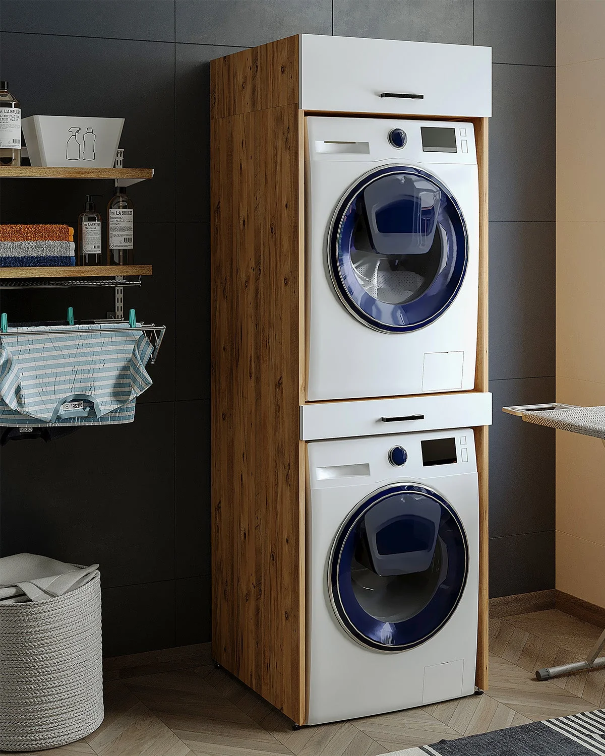 Roomart Çamaşır ve Kurutma Makinesi Dolabı + Üst Dolabı 67x205 Cm Atlantik Çam - Beyaz