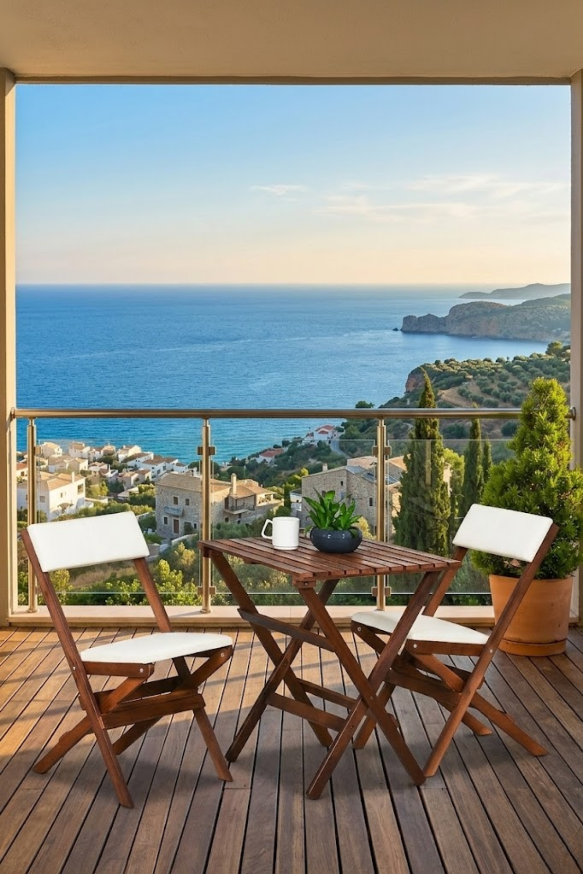 Reyo Ahşap Katlanır Döşeme Minderli 3'lü Bistro Set Bahçe Takımı Ceviz Krem