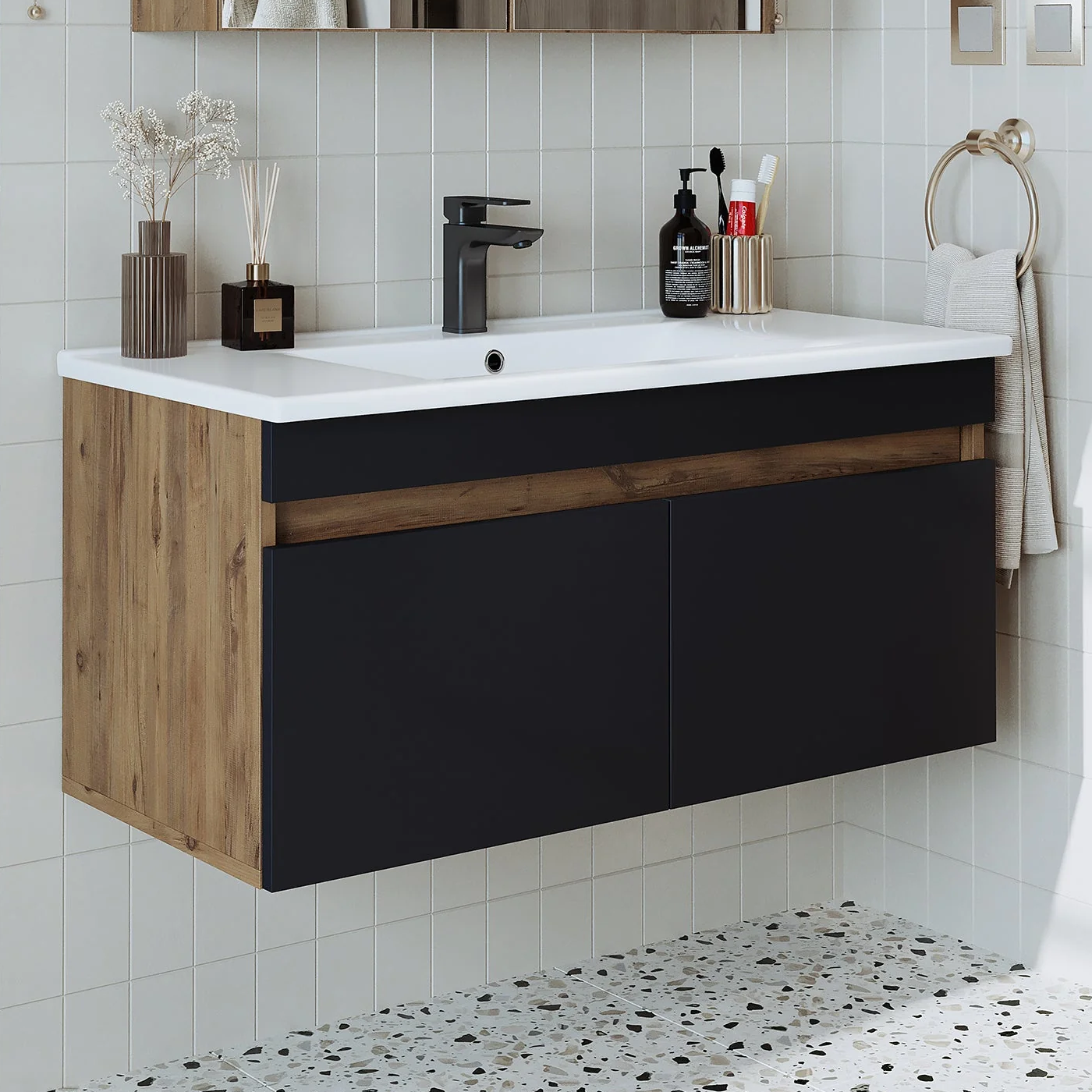 RoomArt Lavabolu Atlantik- Antrasit Mat Mdf 100 Cm Banyo Dolabı Atlantik Çam-Antrasit