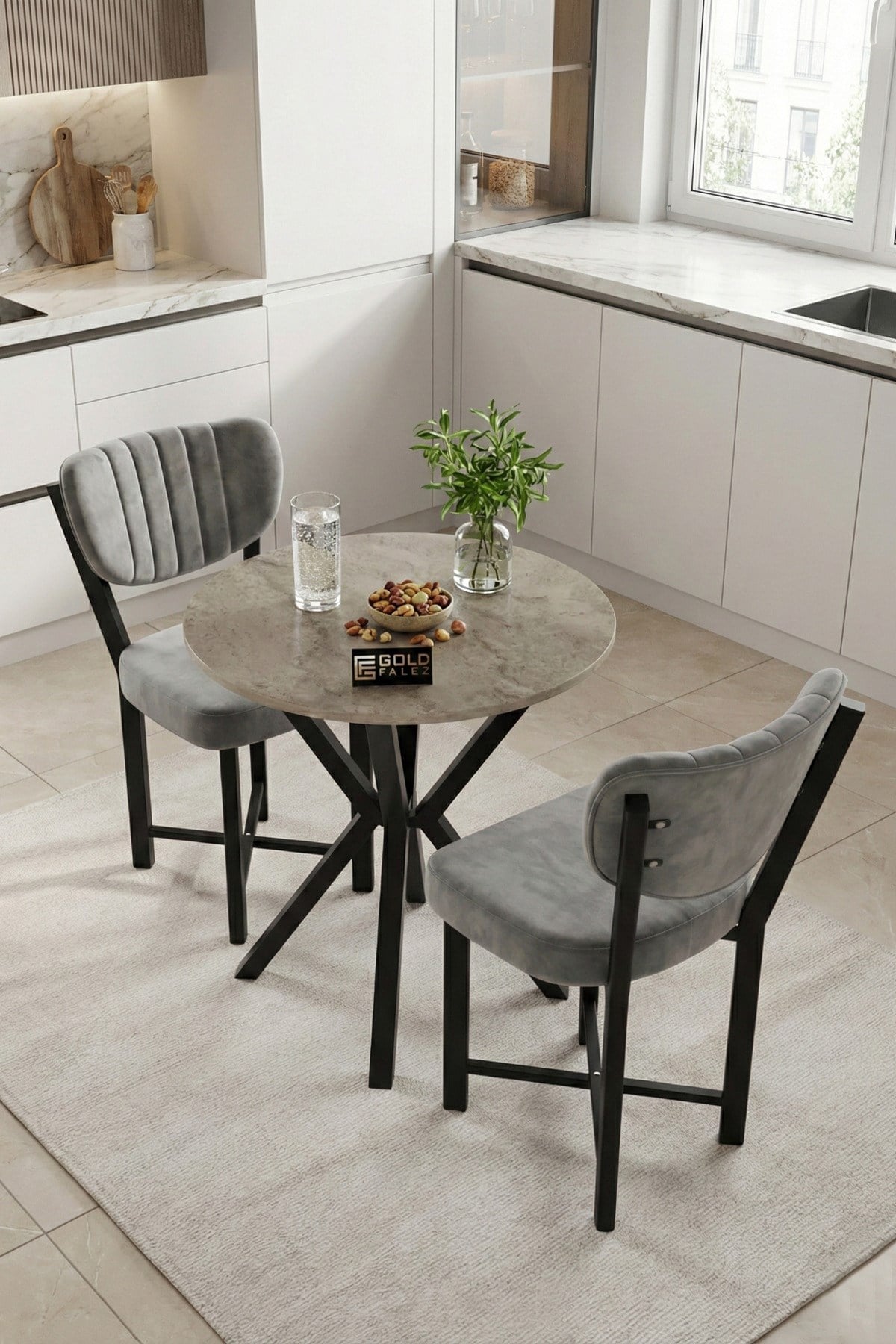 Reyo Falez Elma 70 cm Yuvarlak Masa Takımı 2 Sandalyeli Modern Mutfak Balkon Yemek Masası Seti Traverten - Gri 9846