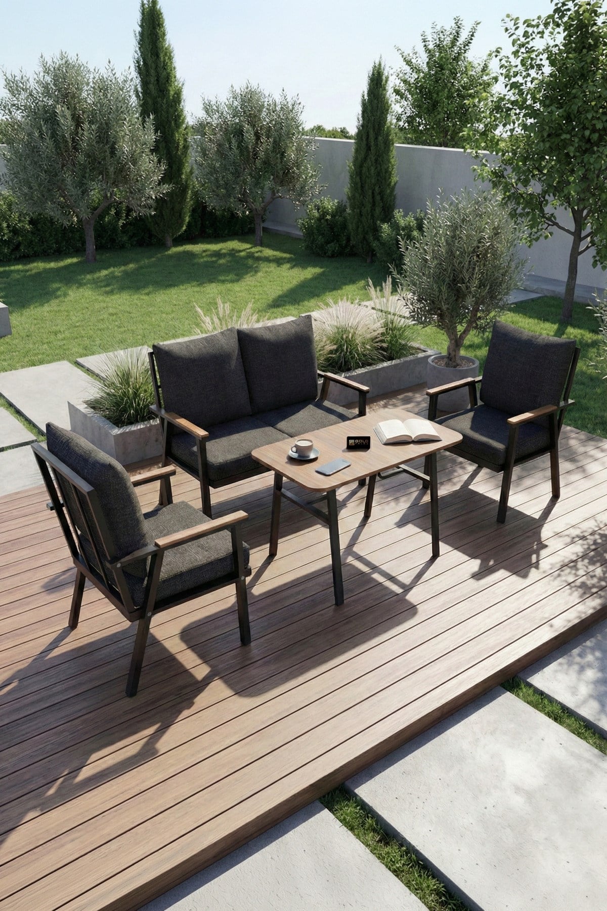 Reyo Falez Bahçe Balkon Oturma Grubu 4 lü Set Orta Sehpa Masa Koltuk Koltuk Minderli Balkon Teras Cafe Mobilya