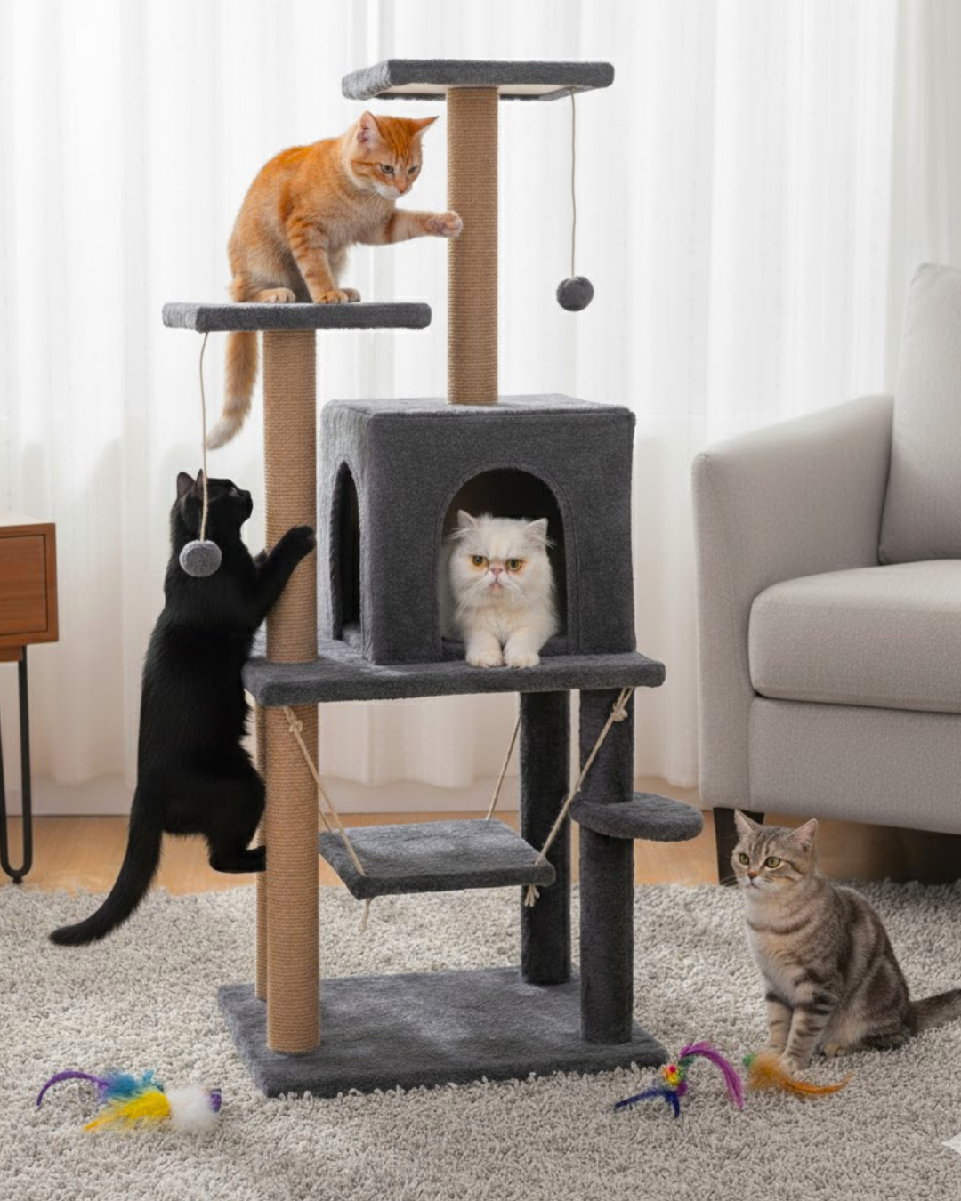 Reyo Pet Y01 Salıncaklı Yuvalı Lüx Kedi Tırmalama Oyun Evi Antrasit