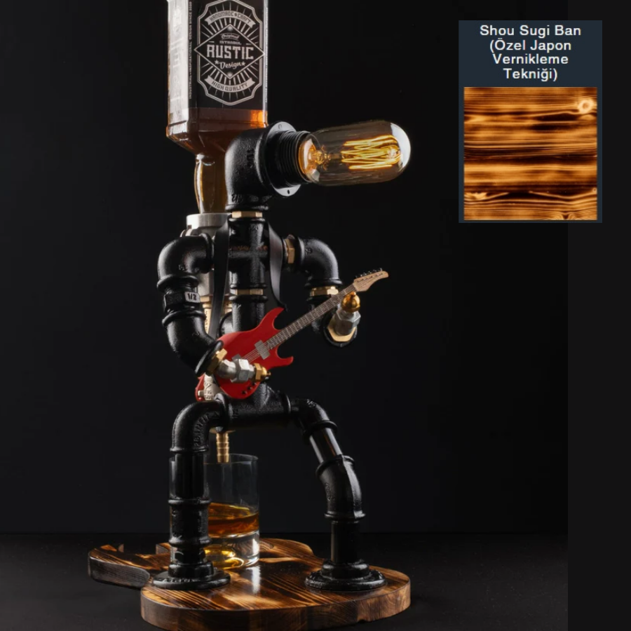 Rustik Atölye Rockstar Masa Lambalı Lampenser İçki Musluğu Shou Sugi Ban