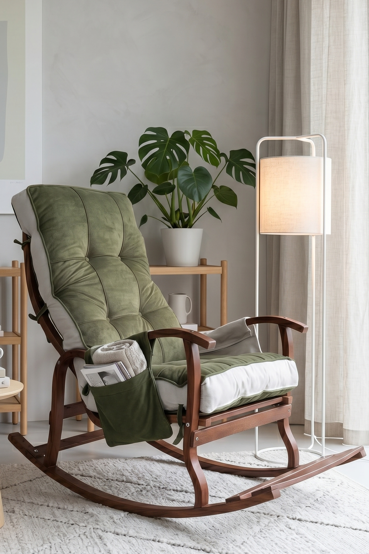 Reyo Venedik Sallanan Sandalye, Tv Koltuğu, Baba Koltuğu, Kitap Okuma Koltuğu Ceviz Ahşap, Yeşil Krem