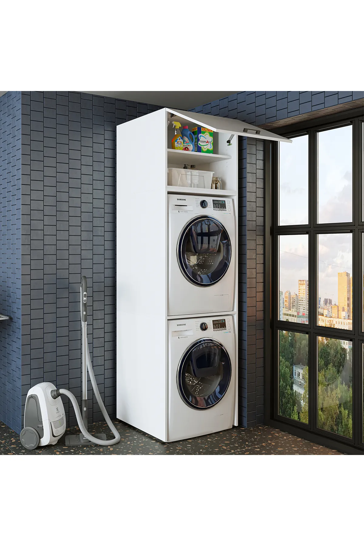 RoomArt Banyo Dolabı 231,2 x 67 cm Çamaşır Ve Kurutma Makinesi Dolabı Beyaz