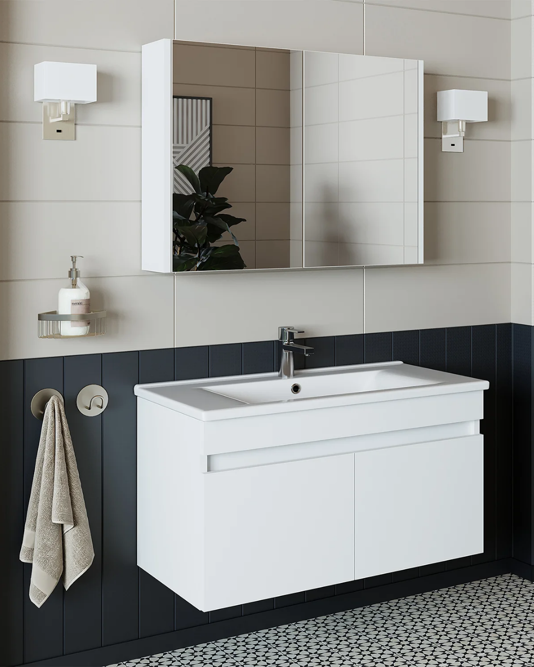 RoomArt Al3 Ayaksız 2 Kapaklı Lavabolu Mdf 85 Cm Banyo Dolabı Aynalı Üst Dolabı Mat Beyaz