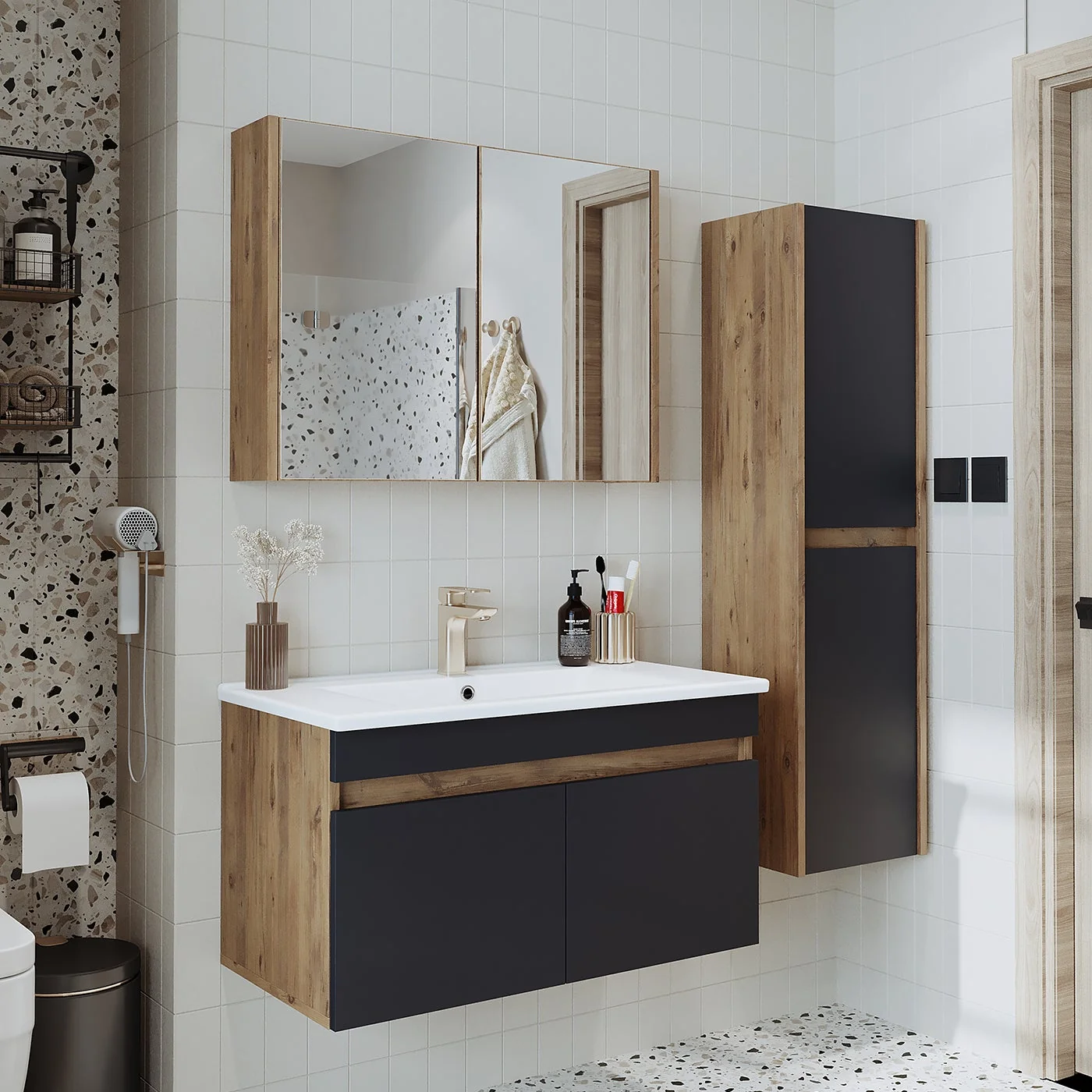 Roomart Lavabolu Atlantik - Antrasit Mat Mdf 85 cm Alt Dolap + Aynalı Üst Dolap + Boy Dolap