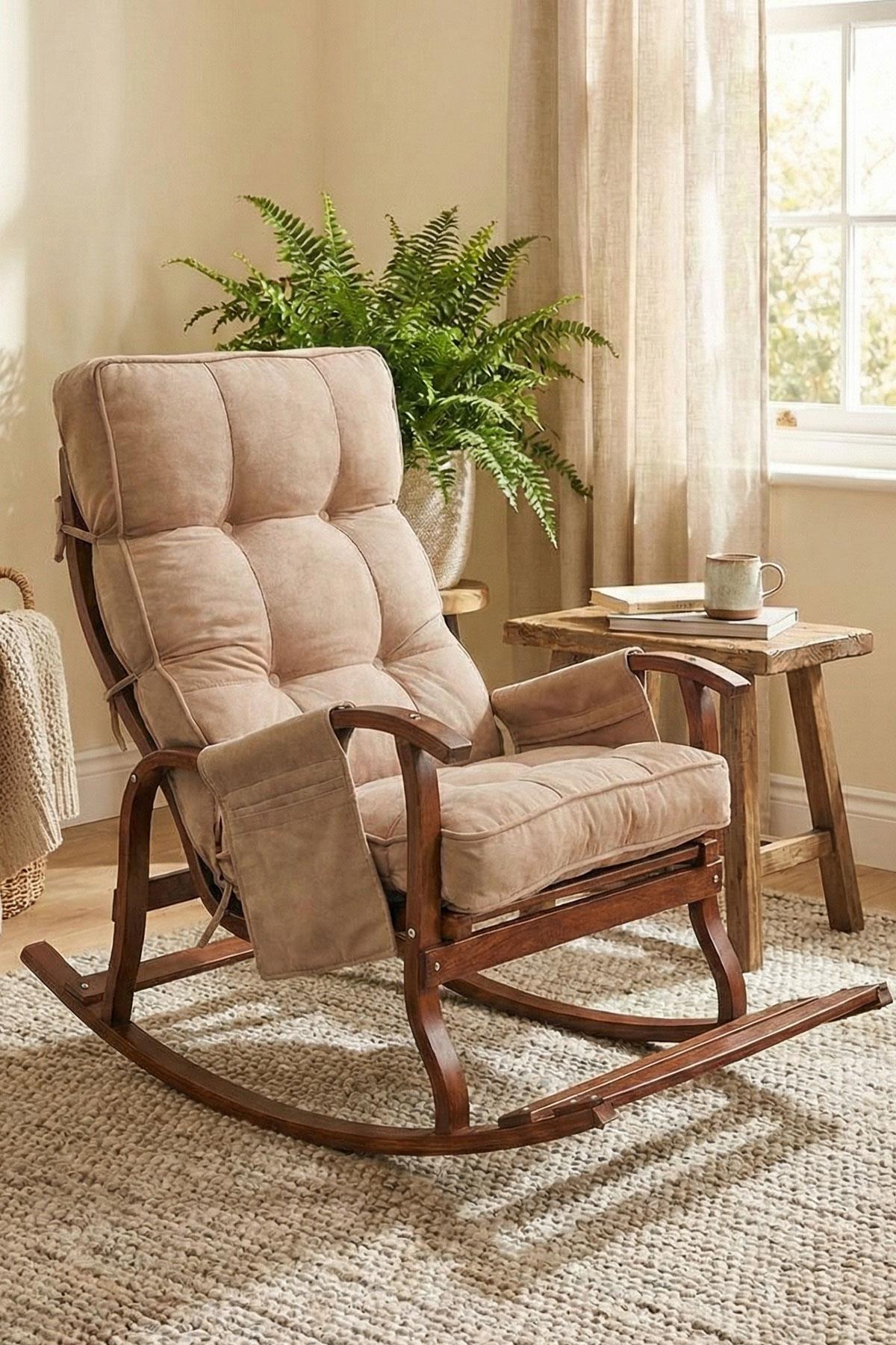 Reyo Santorini Ahşap Ceviz Sallanan Emzirme Koltuğu, Dinlenme & TV Koltuğu Bej