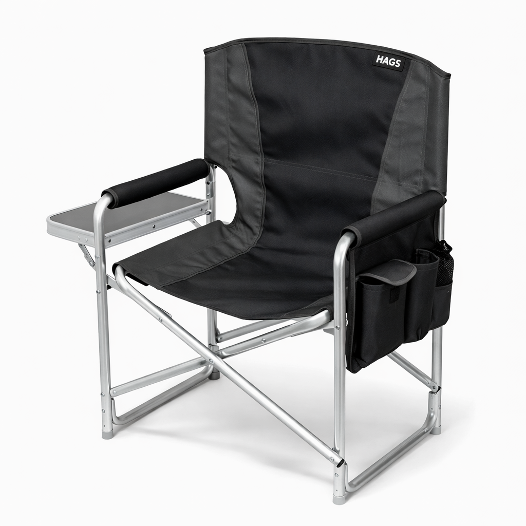 Haegs Alüminyum Kamp Sandalyesi, Hafif Taşınabilir Katlanır Yönetmen Sandalyesi, Yan Sehpa ve Çıkarılabilir Yan Cep ile Açık Hava Kampı, Çim, Piknik, Bahçe, Teras, Balkon - Siyah