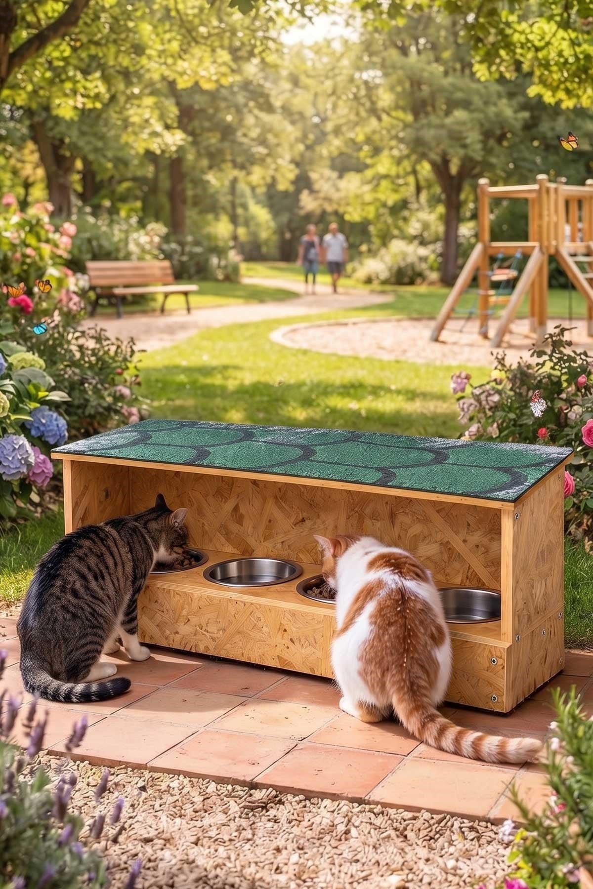 Narım Kurulu Gönderim 4 Bölmeli Ahşap Büyük Boy Kedi Mama ve Su Kabı Seti (90x36 cm) – Su Yalıtımlı Çatılı, Çelik Kaseli Lüks Kedi Mamalığı